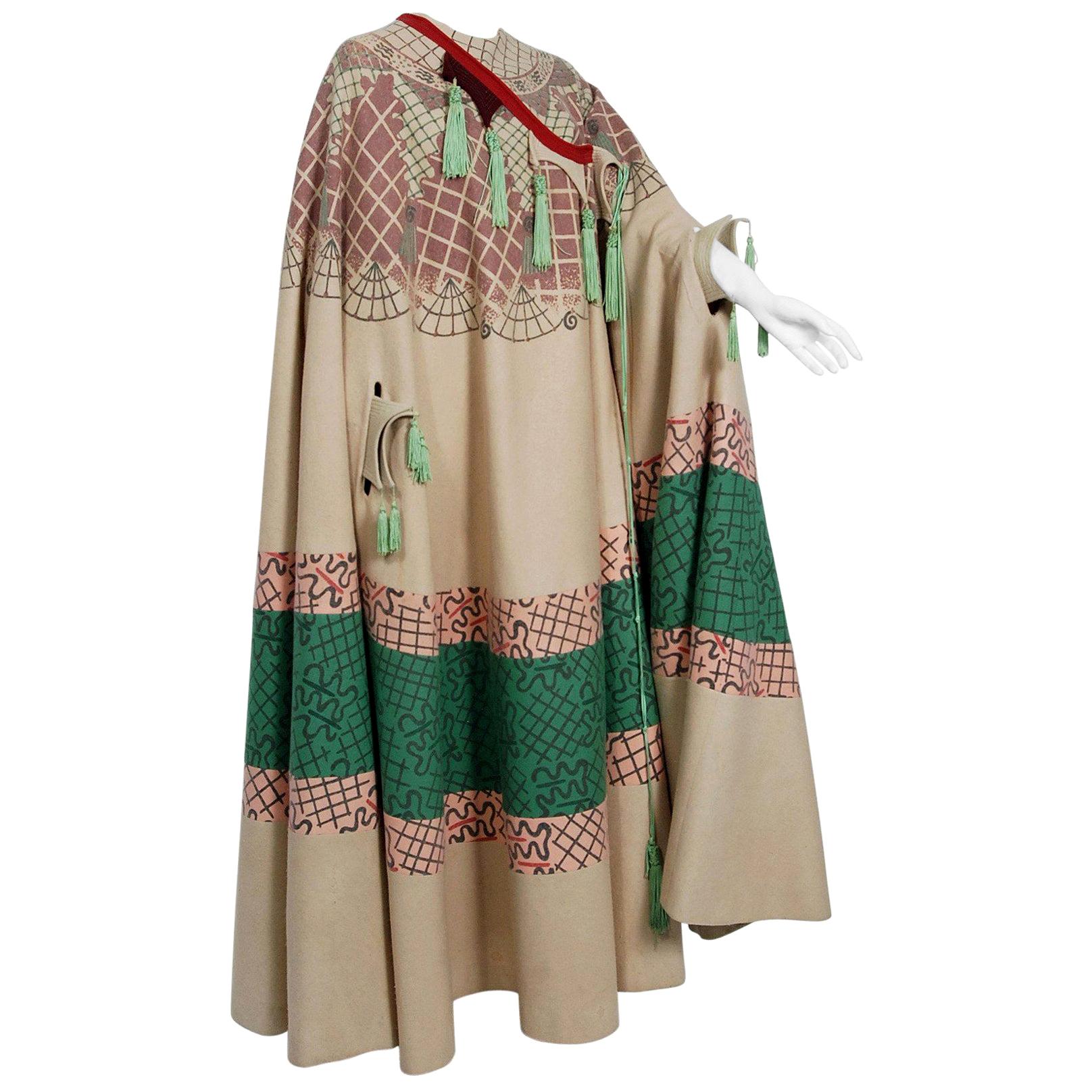Vintage 1970 Zandra Rhodes Couture Graphic Print Wool Tassels Full-Length Cape
