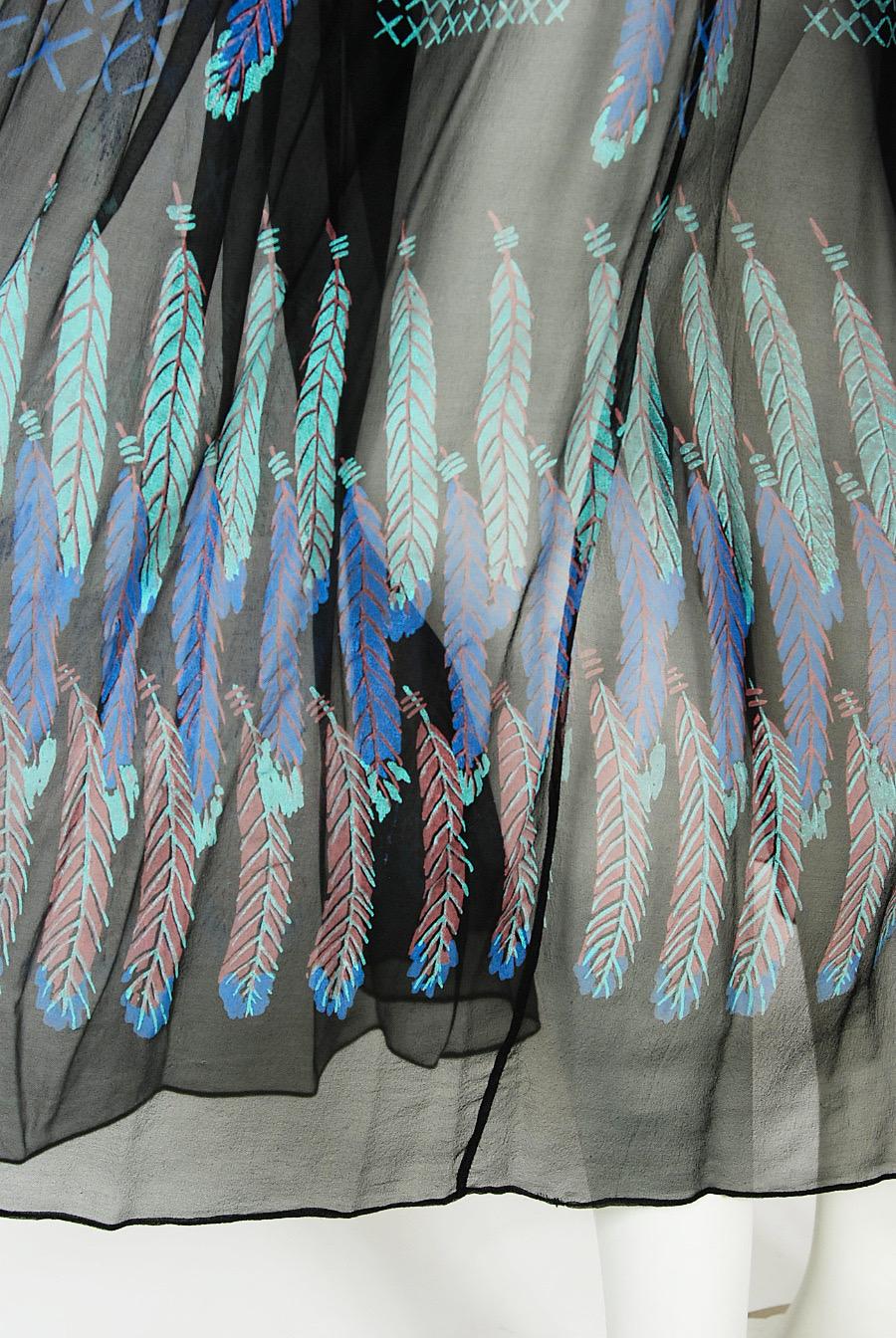Vintage 1970 Zandra Rhodes Hand-Painted 'Indian Feathers' Sheer Silk Dress Set 10