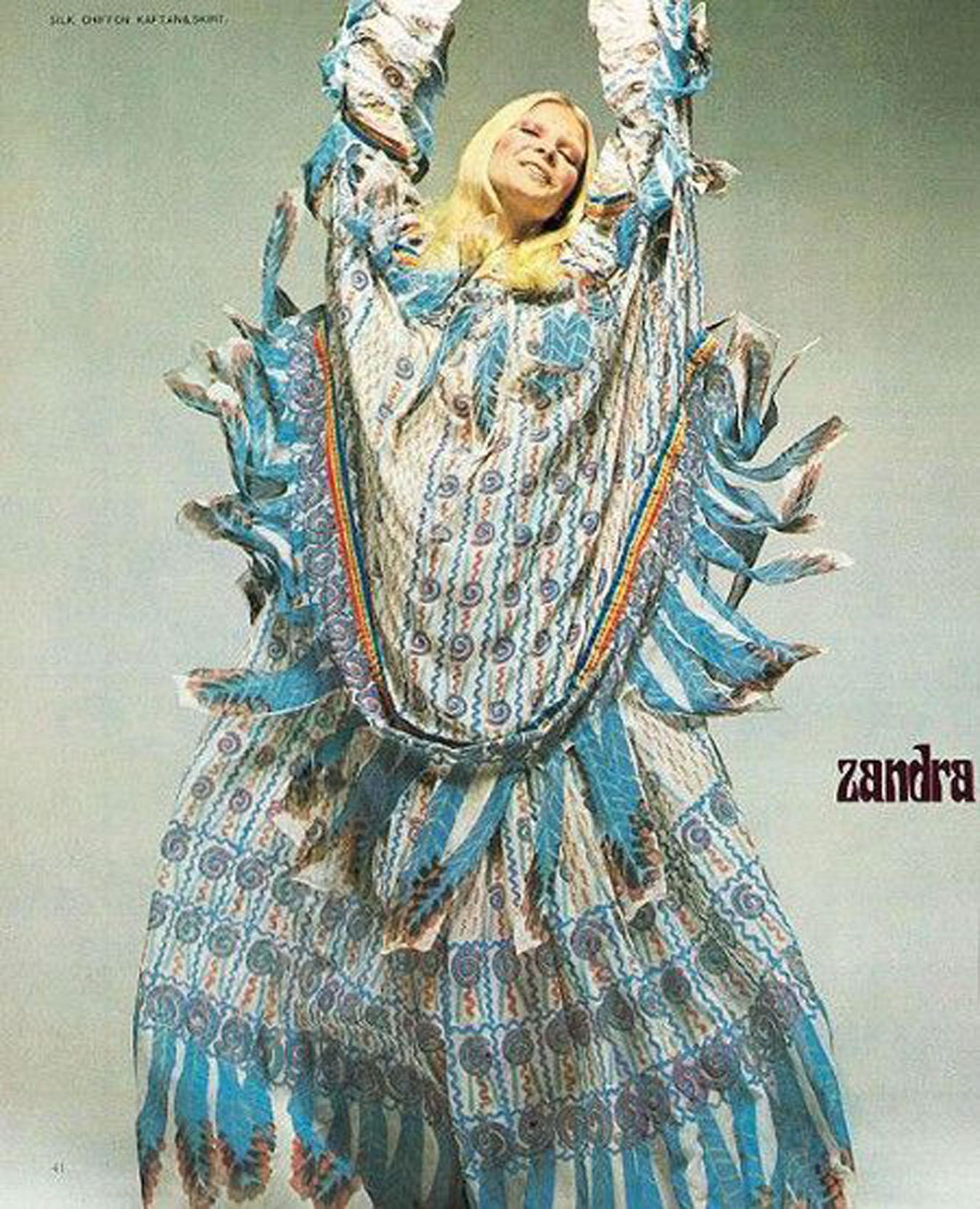 Women's Vintage 1970 Zandra Rhodes Hand-Painted 'Indian Feathers' Sheer Silk Dress Set