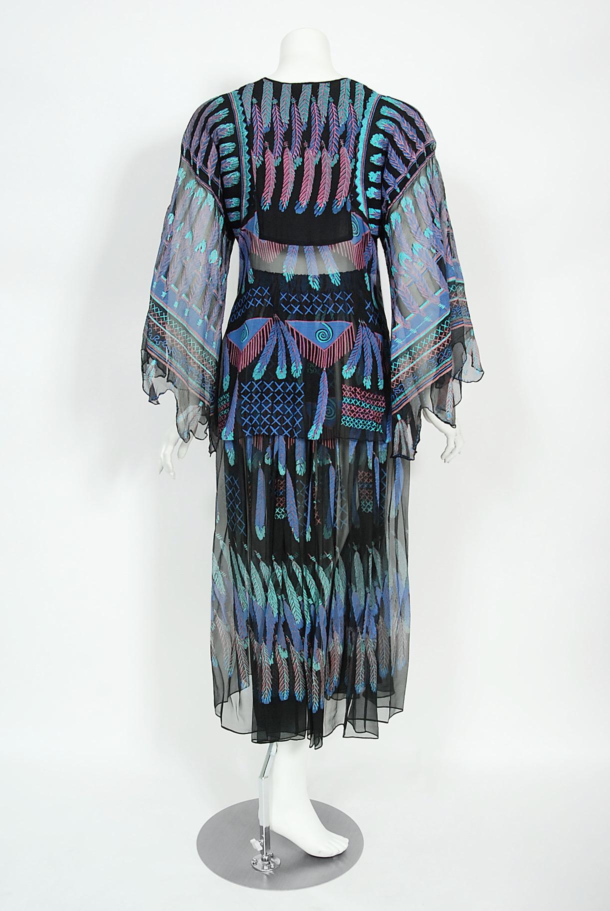 Vintage 1970 Zandra Rhodes Hand-Painted 'Indian Feathers' Sheer Silk Dress Set 11