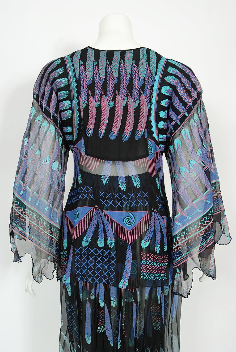 Vintage 1970 Zandra Rhodes Hand-Painted 'Indian Feathers' Sheer Silk Dress Set 12