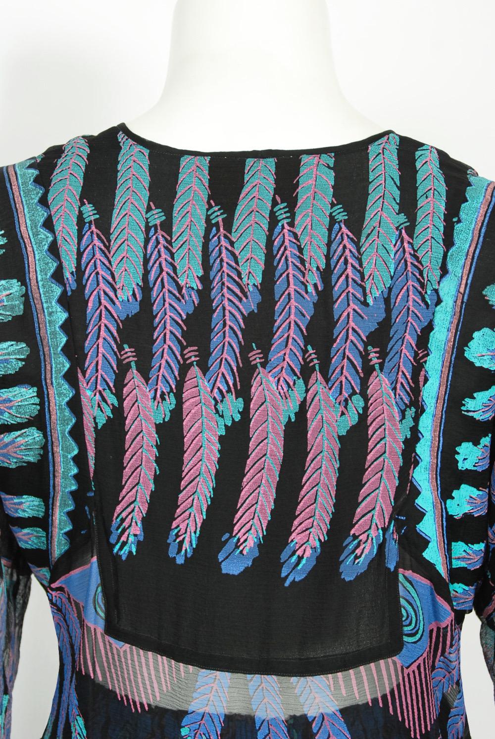 Vintage 1970 Zandra Rhodes Hand-Painted 'Indian Feathers' Sheer Silk Dress Set 13
