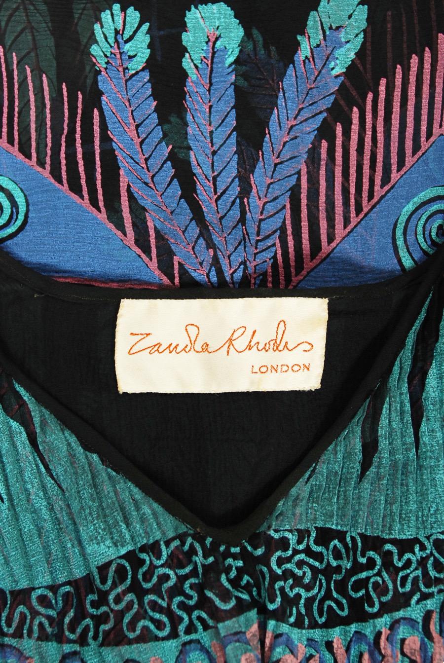 Vintage 1970 Zandra Rhodes Hand-Painted 'Indian Feathers' Sheer Silk Dress Set 14