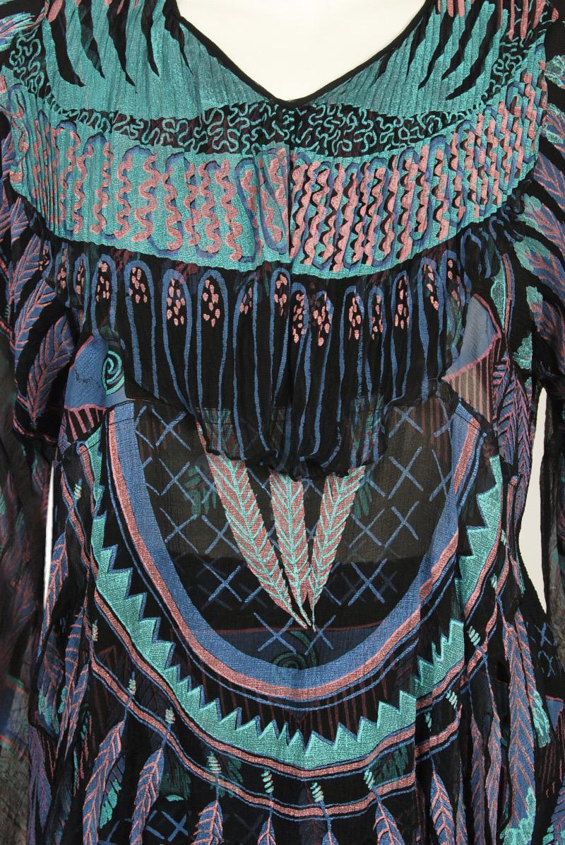 Vintage 1970 Zandra Rhodes Hand-Painted 'Indian Feathers' Sheer Silk Dress Set In Good Condition In Beverly Hills, CA
