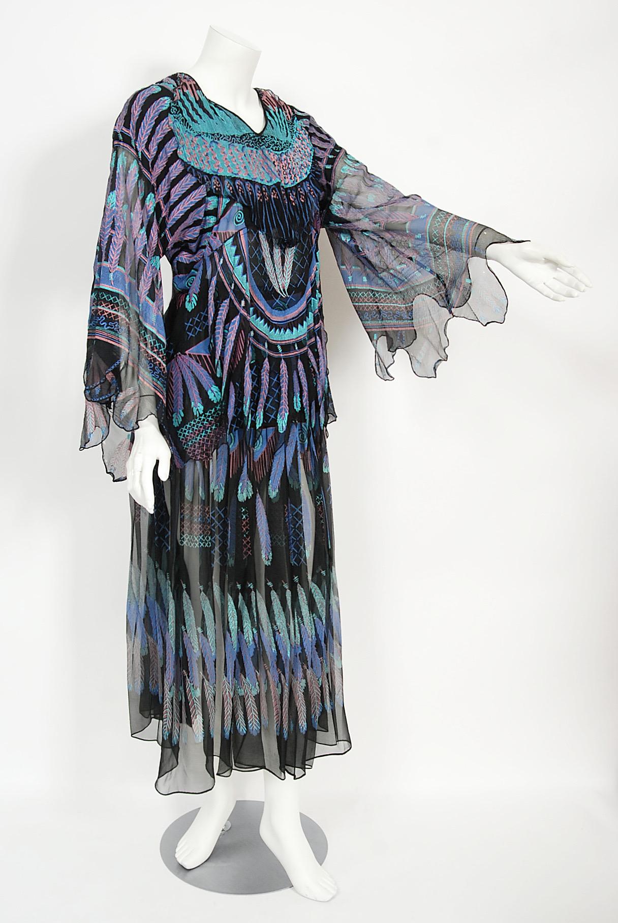 Vintage 1970 Zandra Rhodes Hand-Painted 'Indian Feathers' Sheer Silk Dress Set 1