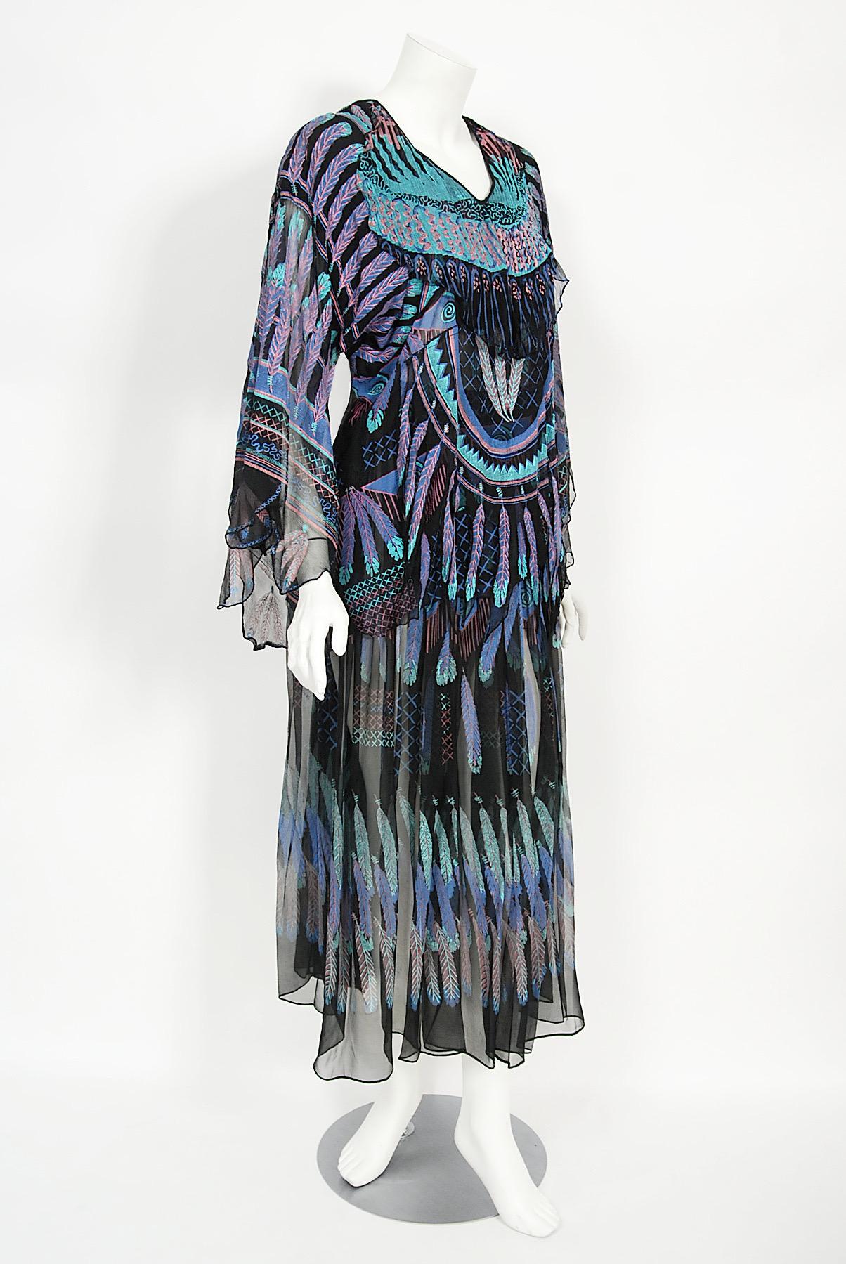 Vintage 1970 Zandra Rhodes Hand-Painted 'Indian Feathers' Sheer Silk Dress Set 2