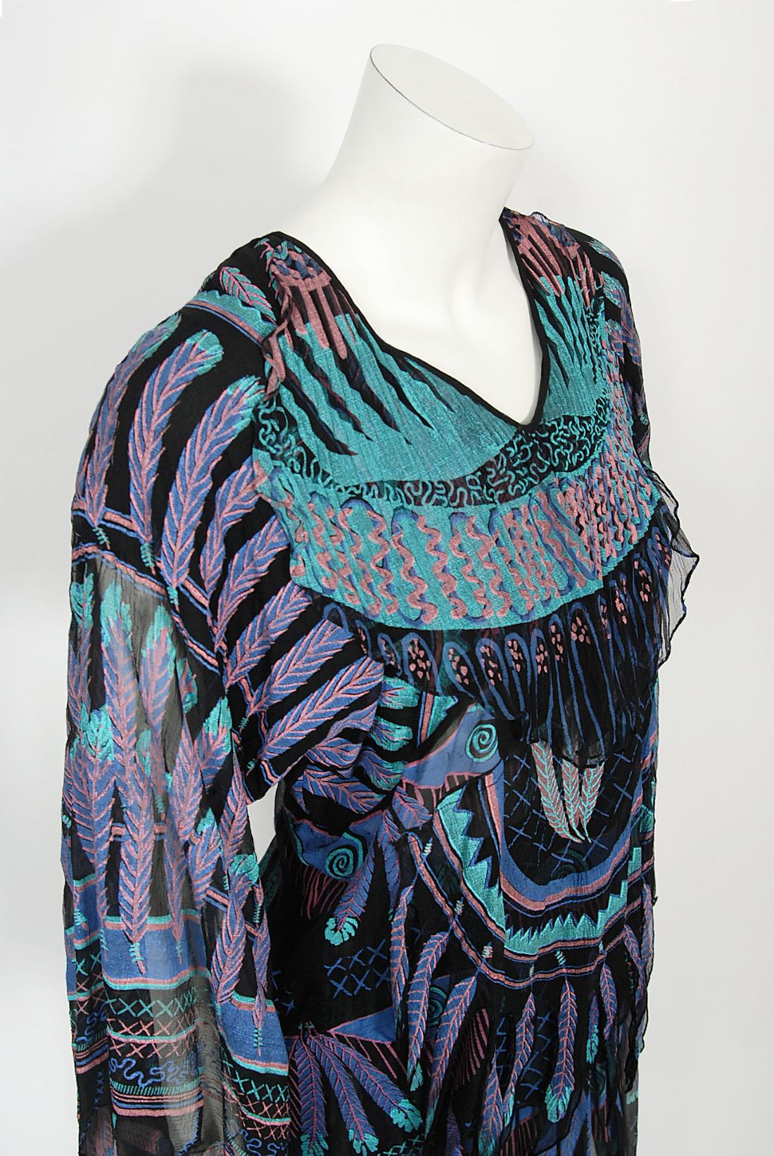 Vintage 1970 Zandra Rhodes Hand-Painted 'Indian Feathers' Sheer Silk Dress Set 4