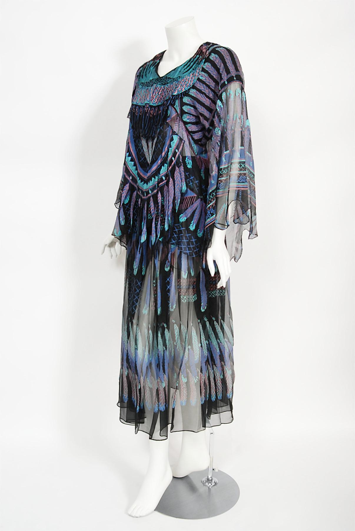 Vintage 1970 Zandra Rhodes Hand-Painted 'Indian Feathers' Sheer Silk Dress Set 5