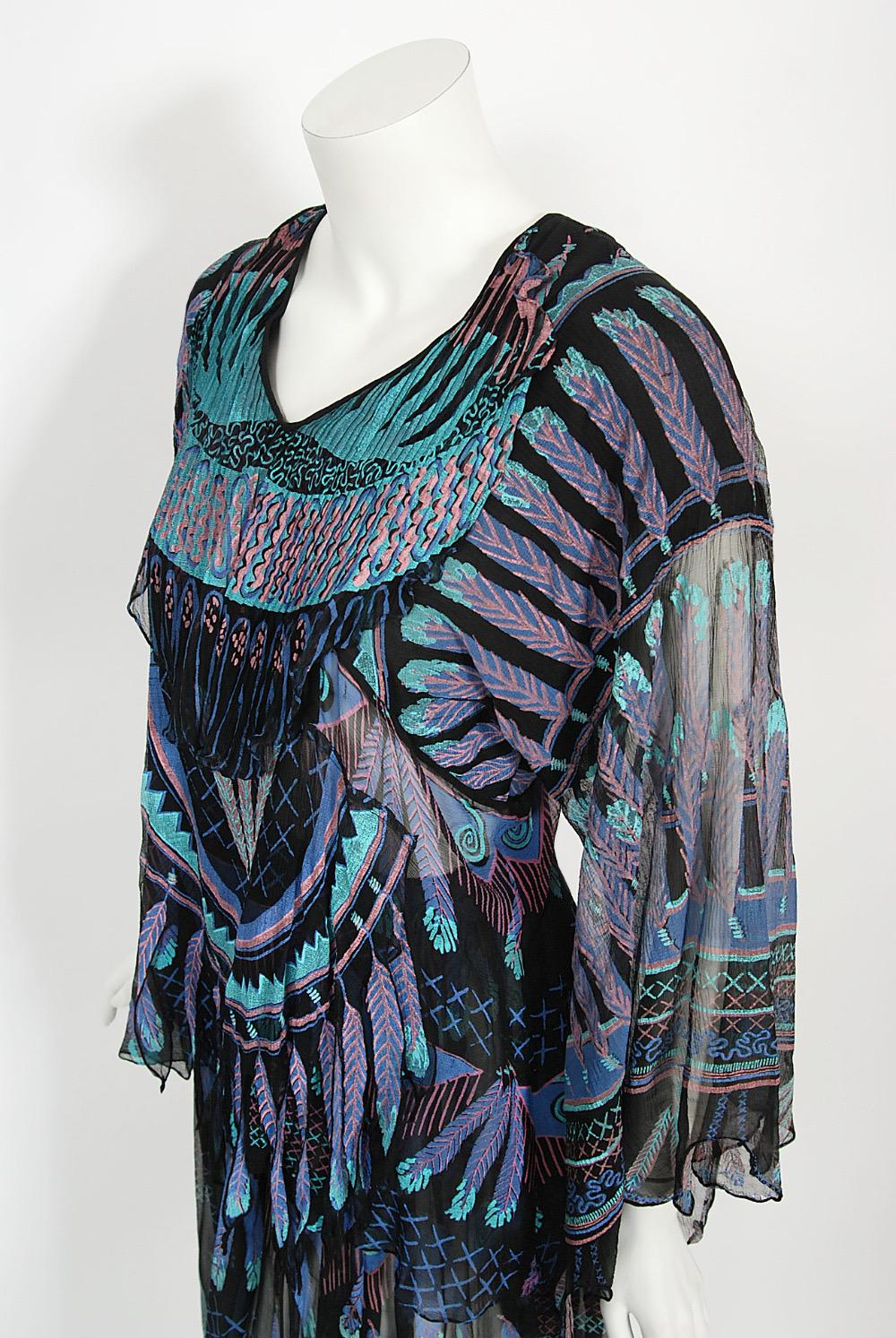 Vintage 1970 Zandra Rhodes Hand-Painted 'Indian Feathers' Sheer Silk Dress Set 6