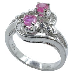 Vintage 1970s Two-Stone Ruby Bypass Ring in Silver Palladium Rhodium Plated