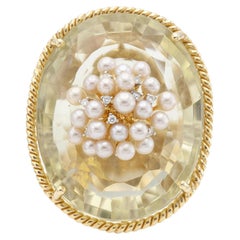 Vintage 1970s 100.00 Carat Citrine Ring with Pearls and Diamonds
