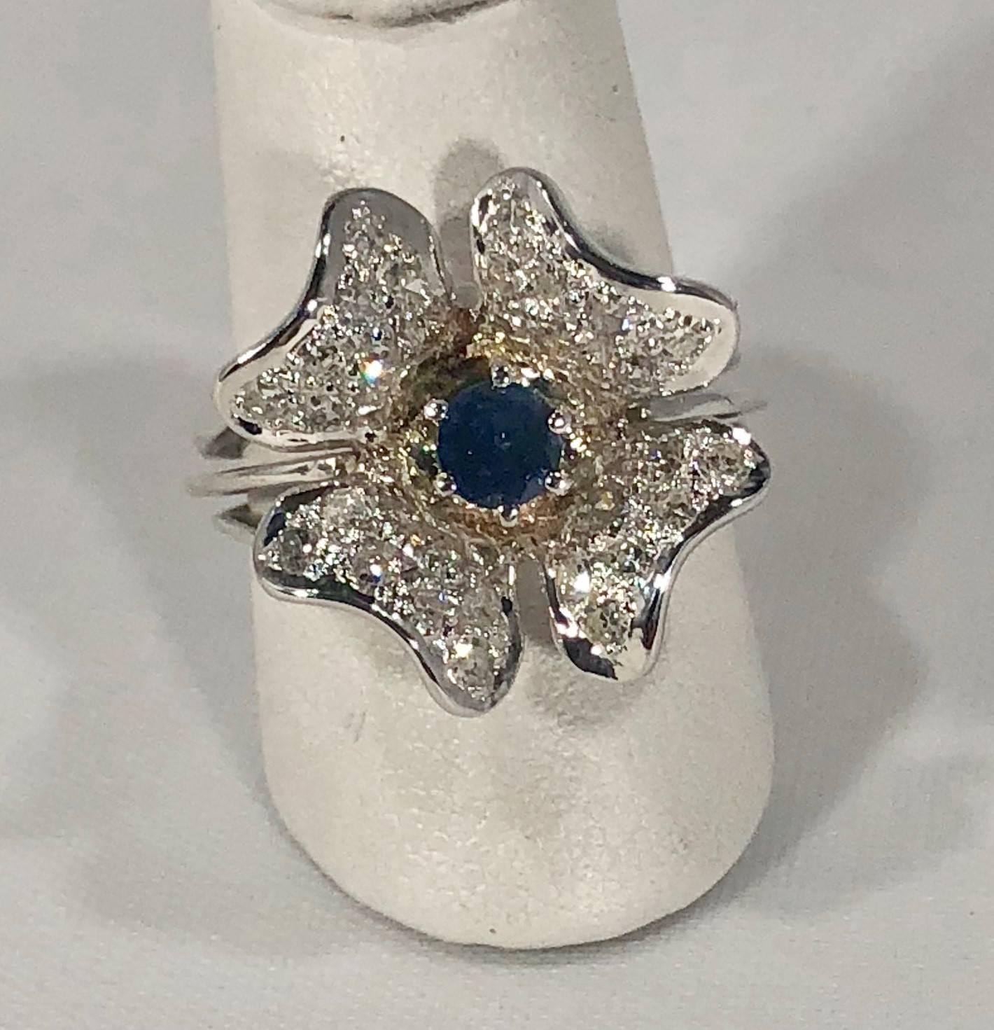 Vintage 1970s 14 Karat Sapphire and Diamond Flower Cocktail Ring For Sale 5