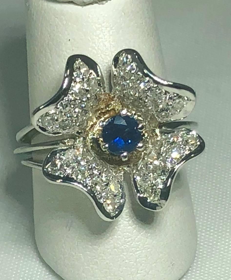 Vintage 1970s 14 Karat Sapphire and Diamond Flower Cocktail Ring For Sale 6
