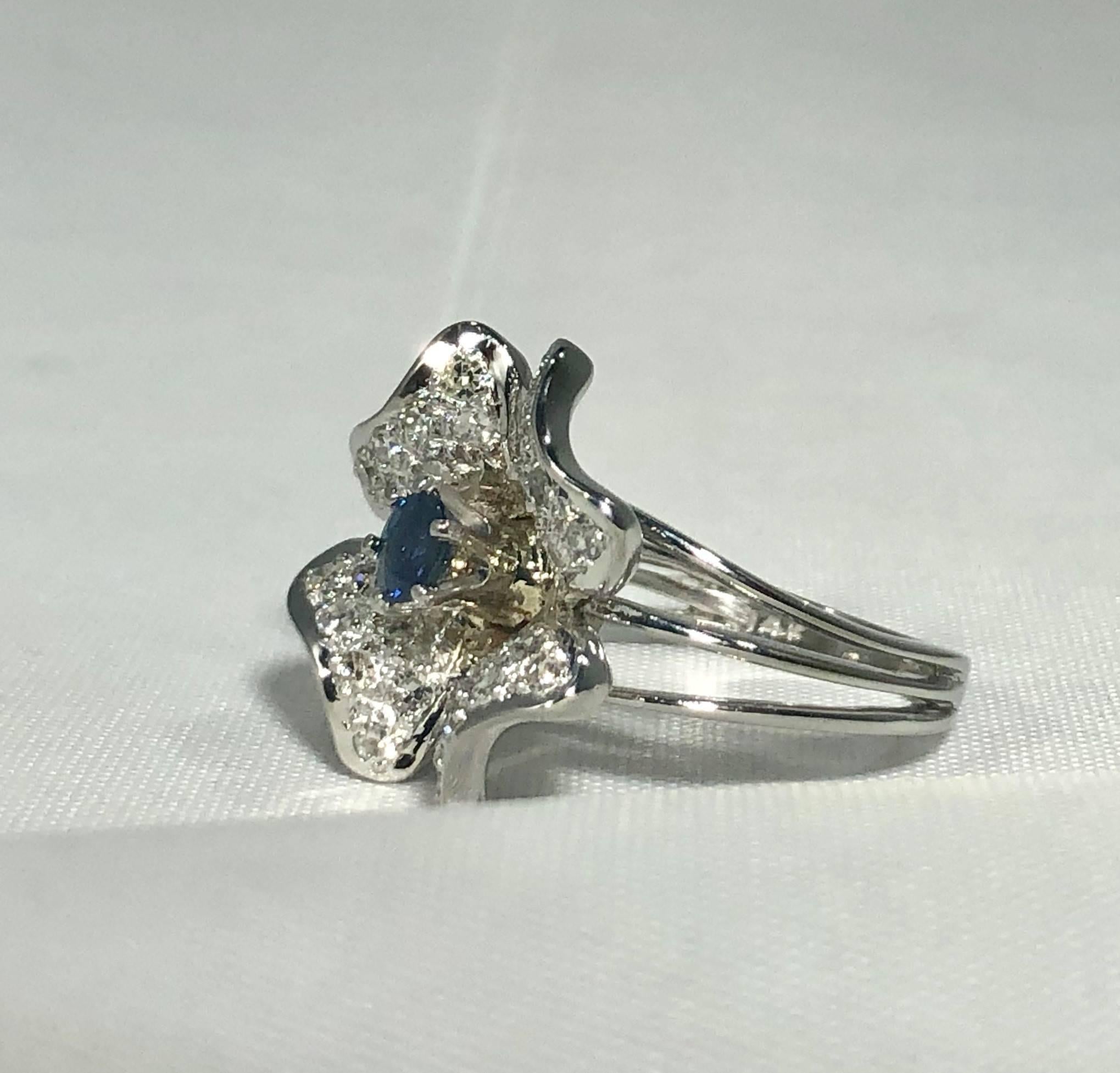 Vintage 1970s 14 Karat Sapphire and Diamond Flower Cocktail Ring For Sale 9