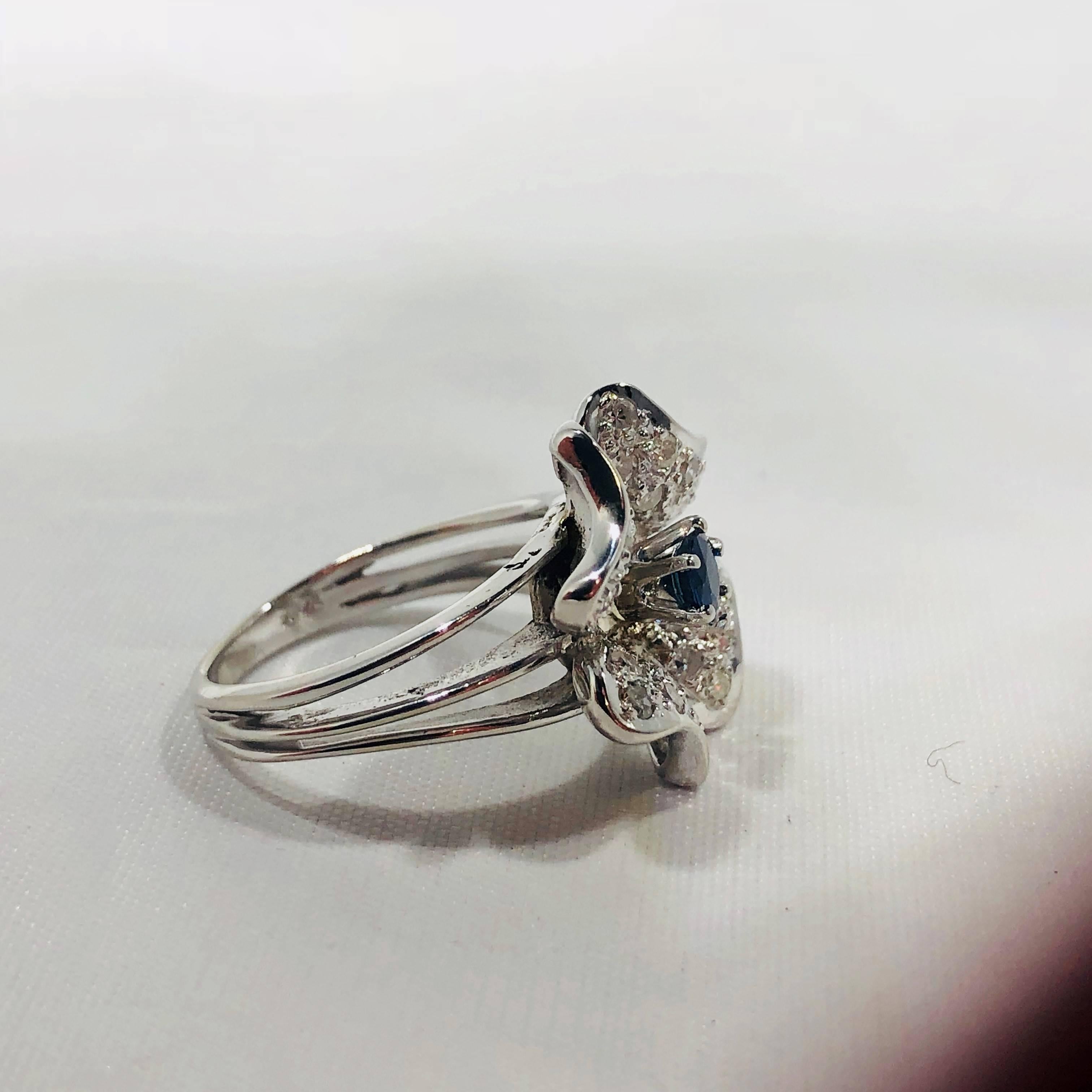 Vintage 1970s 14 Karat Sapphire and Diamond Flower Cocktail Ring For Sale 10
