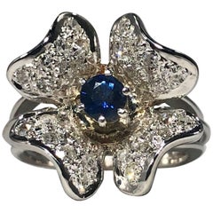 Vintage 1970s 14 Karat Sapphire and Diamond Flower Cocktail Ring