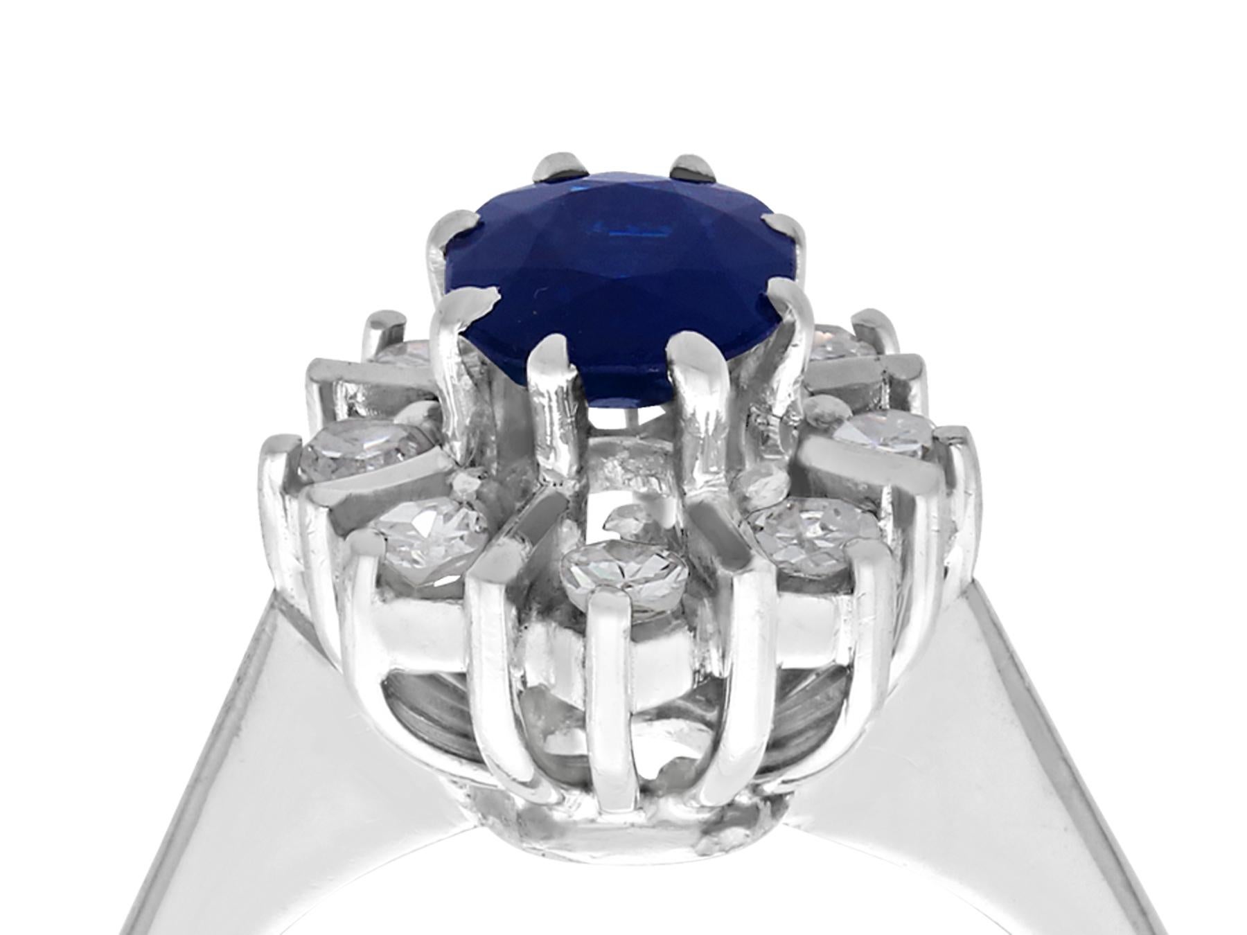 An impressive 1.42 carat blue sapphire and 0.22 carat diamond, 18 karat white gold cluster ring; part of our diverse vintage jewelry and estate jewelry collections.

This fine and impressive 1970s sapphire and diamond ring has been crafted in 18k