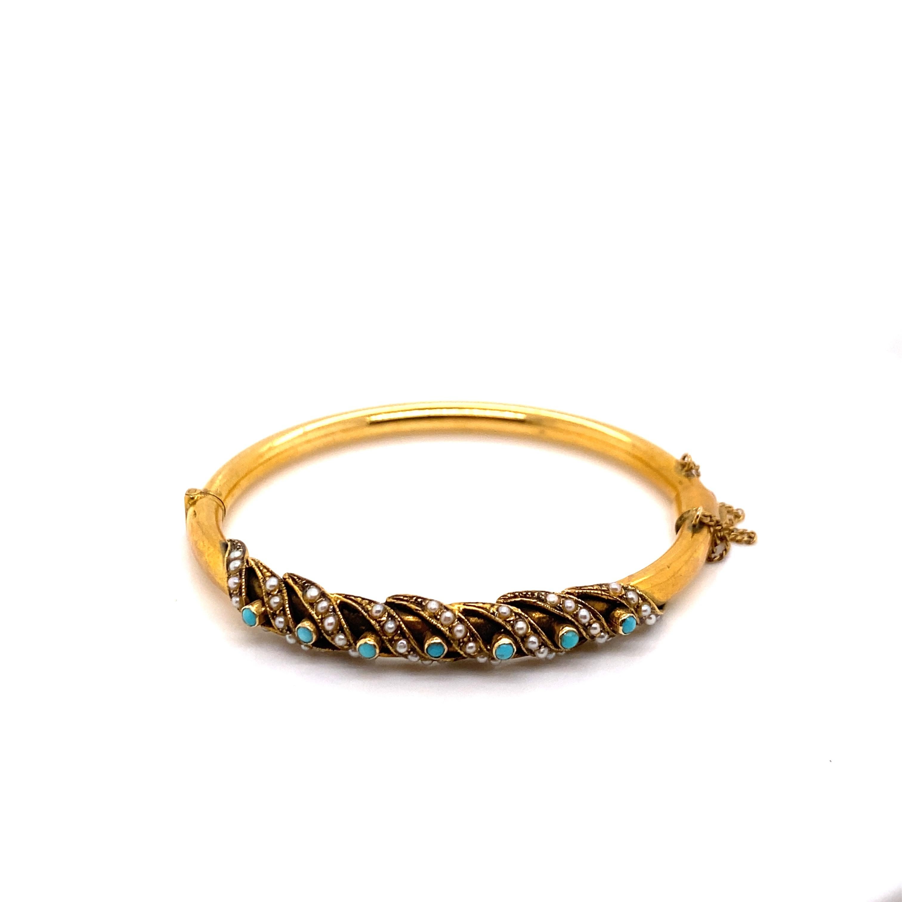 Retro Vintage 1970's 14K Yellow Gold Bangle Bracelet with Turquoise and Seed Pearls For Sale