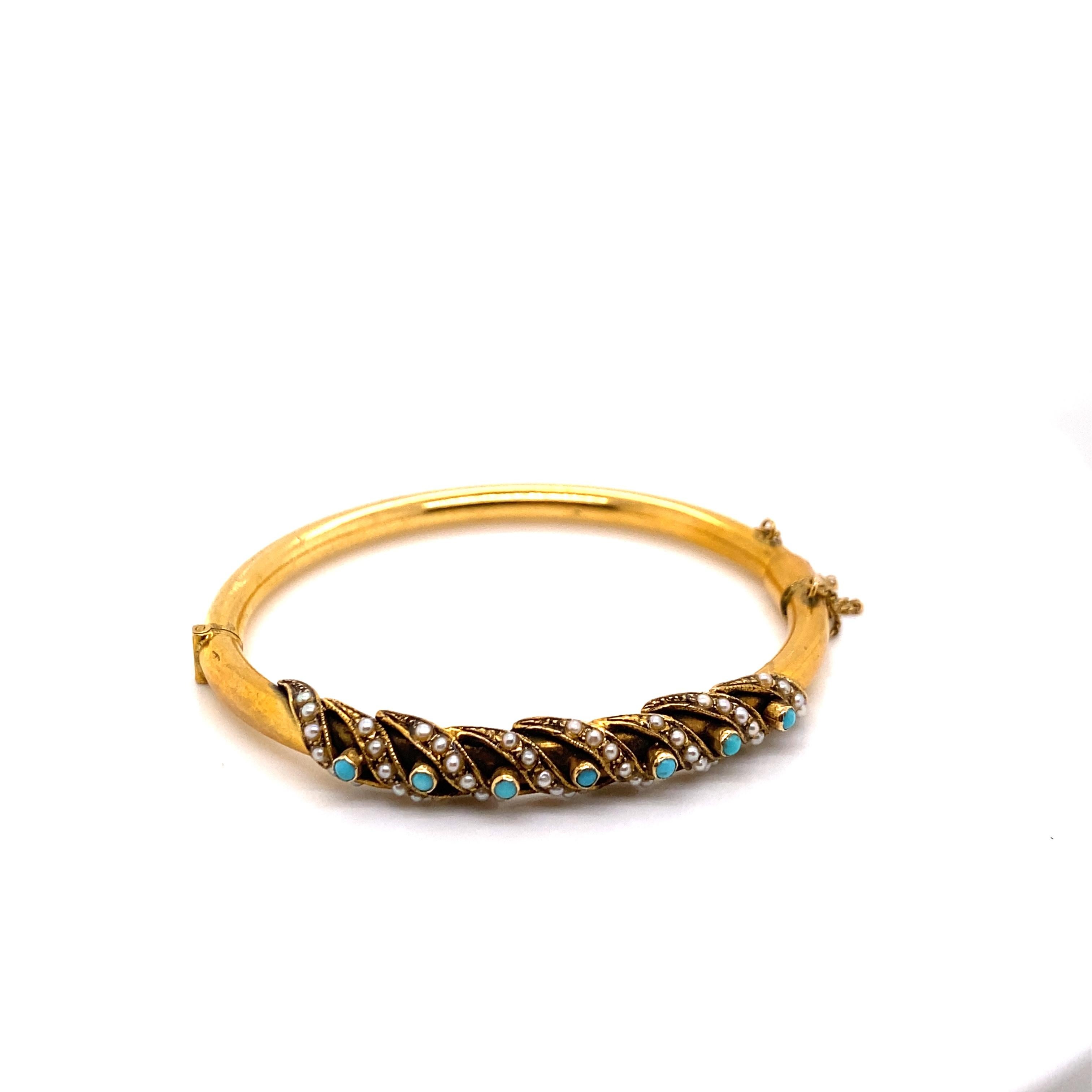 Retro Vintage 1970's 14K Yellow Gold Bangle Bracelet with Turquoise and Seed Pearls For Sale