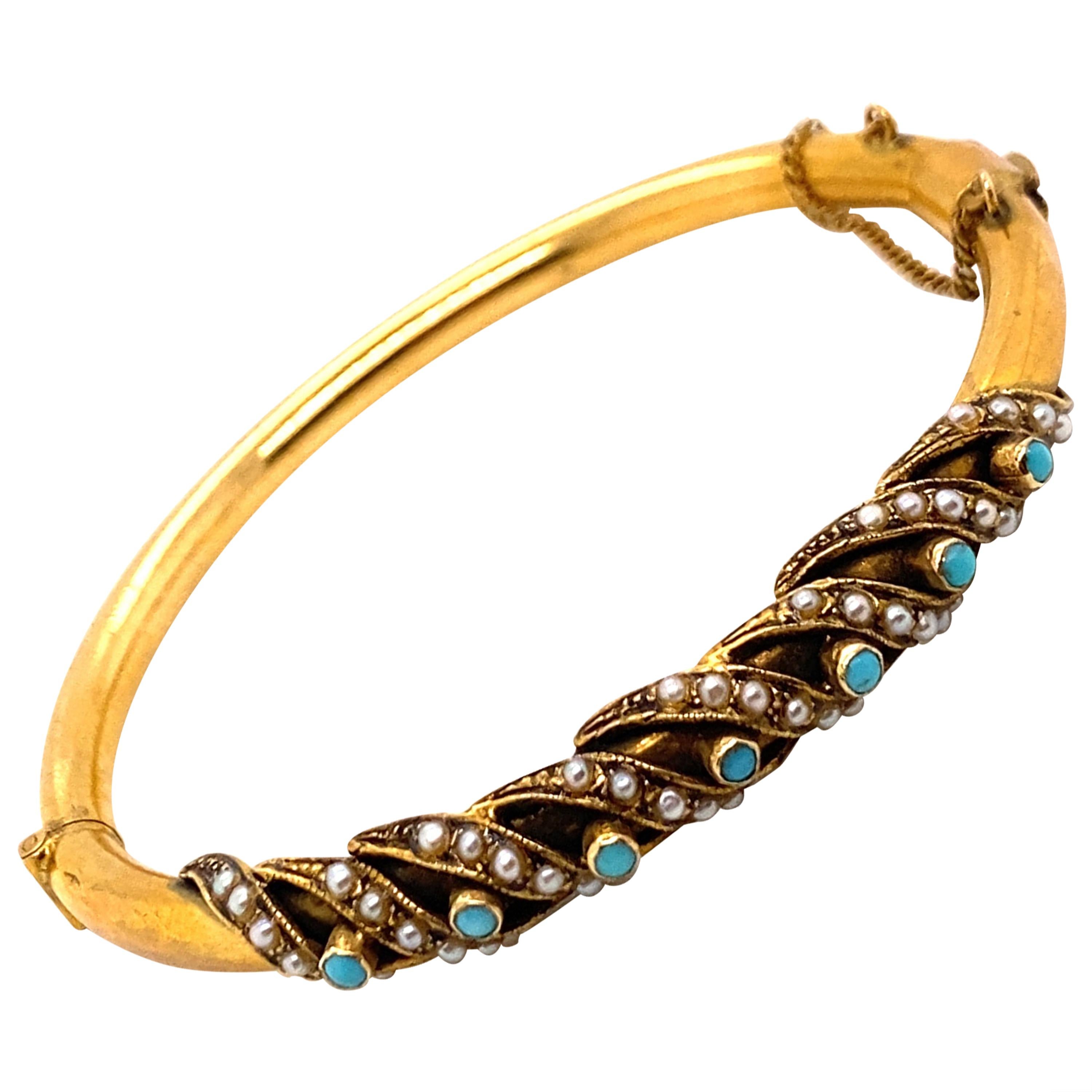 Details about   Edwardian 14K Turquoise and Seed Pearl Bangle #7277/NCC 