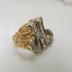 Vintage 1970's 14k Yellow Gold Nugget Diamond Initial "M" Ring