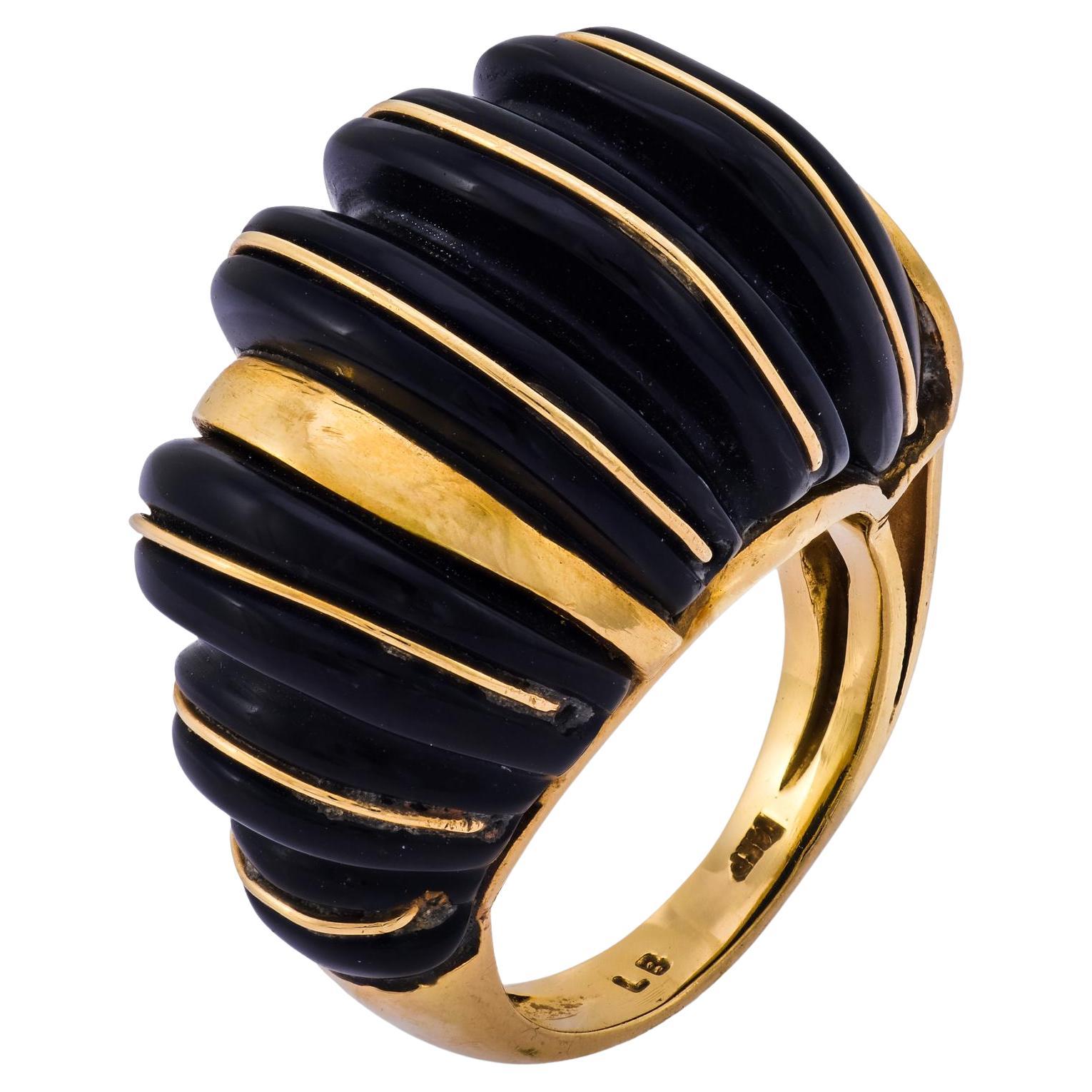 Anello da cocktail vintage degli anni '70 in oro giallo 14k con onice, designer sconosciuto