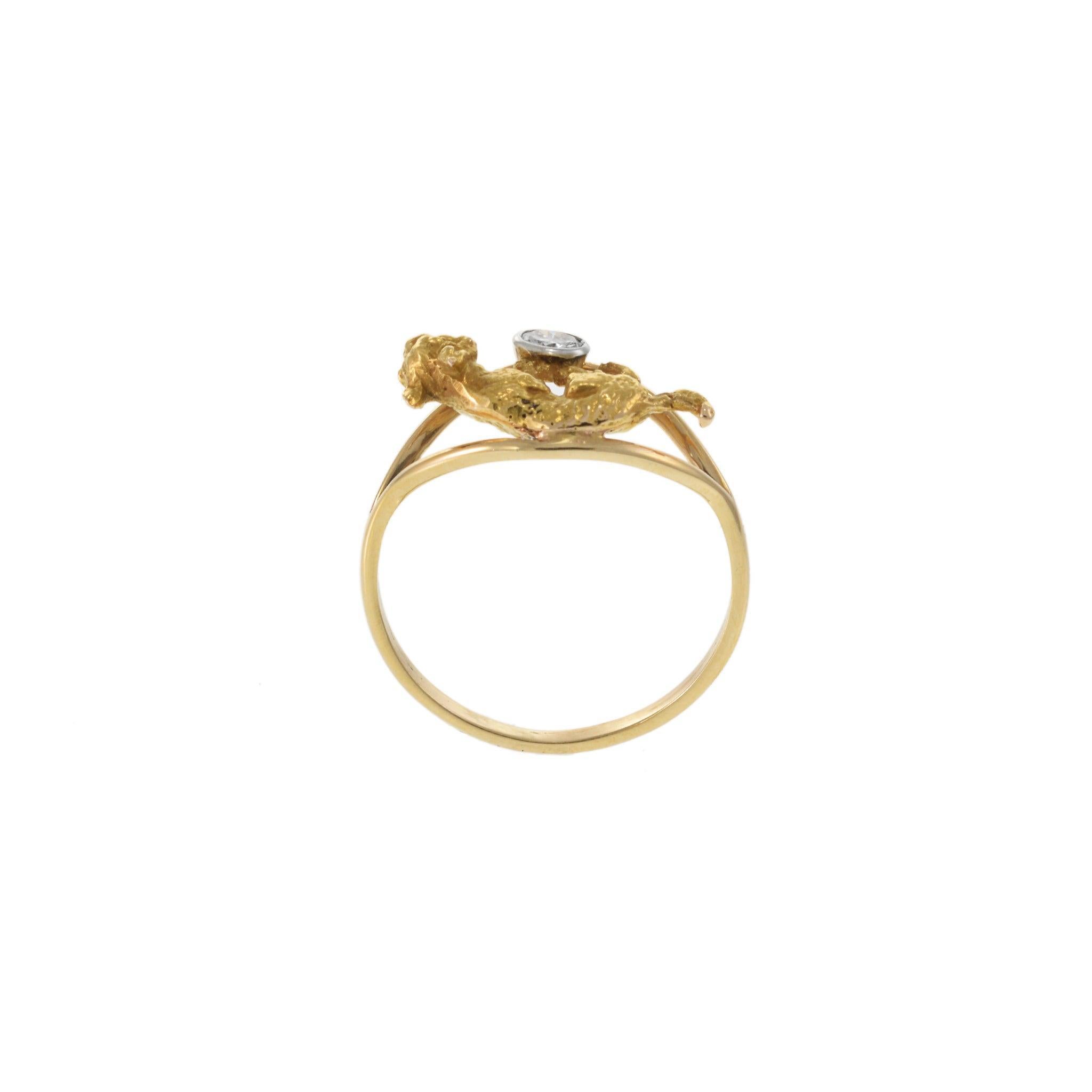 Vintage 1970s 14KT Gelbgold Katze Ring mit Diamant-Center im Angebot 1