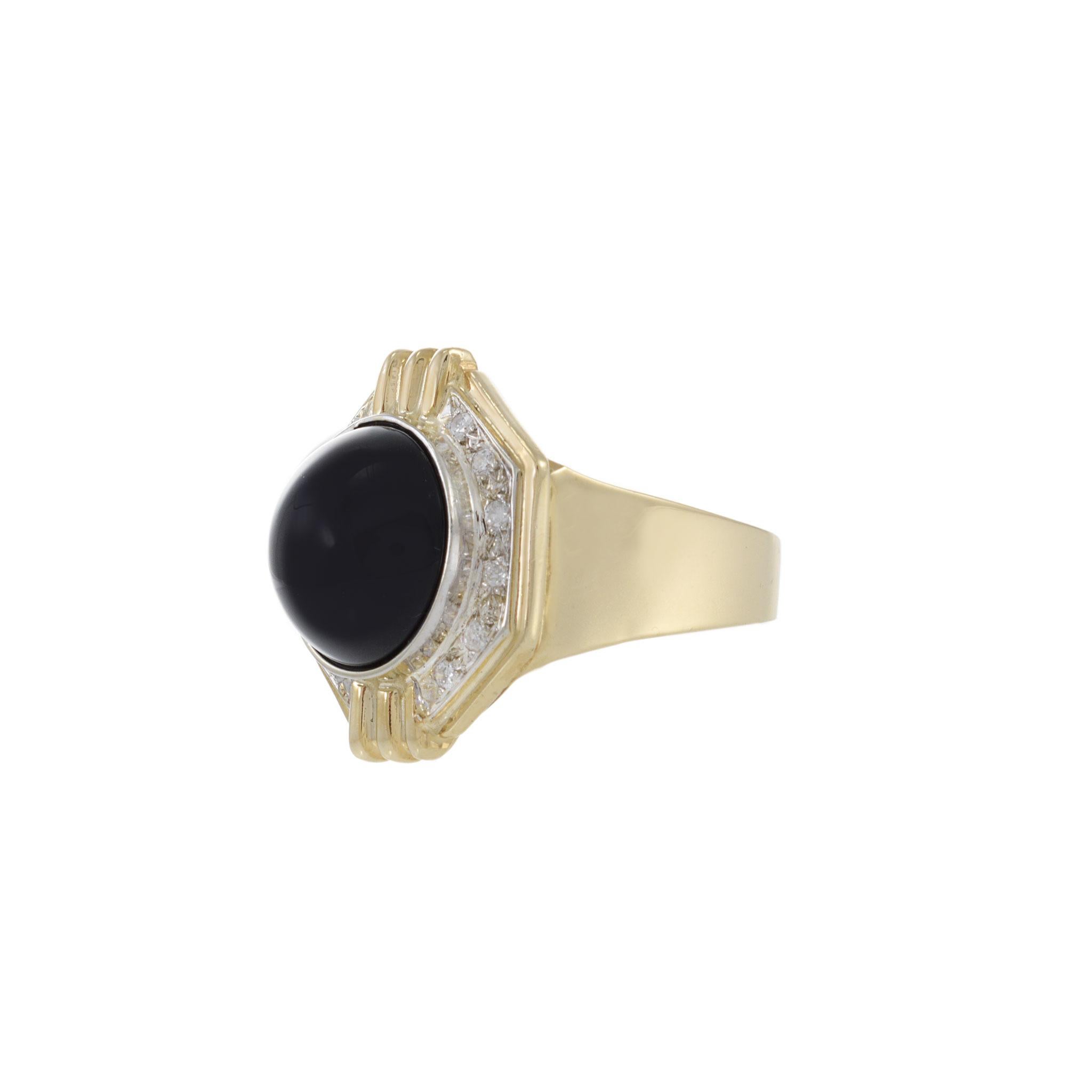 Modern Vintage 1970s 14KT Yellow Gold Diamond and Black Onyx Ring For Sale