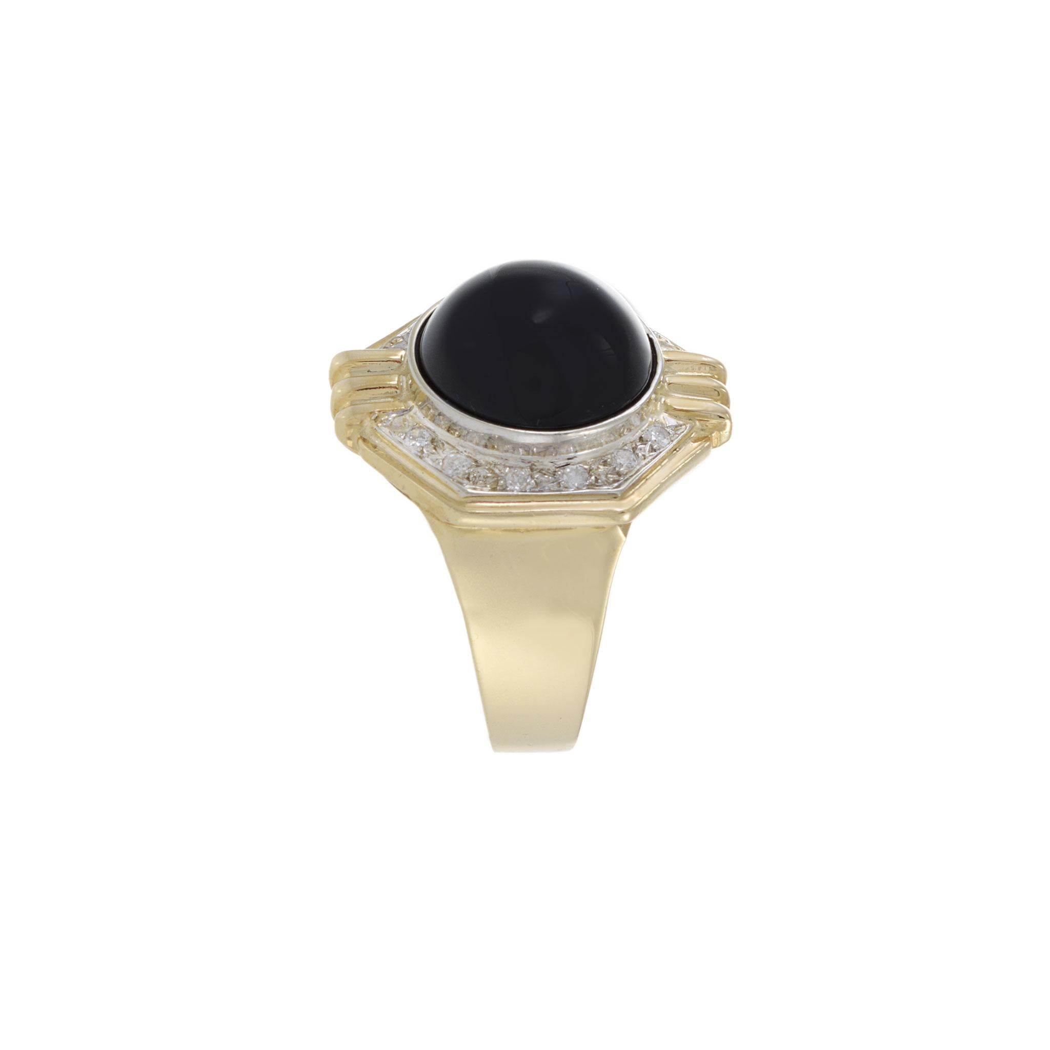 Round Cut Vintage 1970s 14KT Yellow Gold Diamond and Black Onyx Ring For Sale