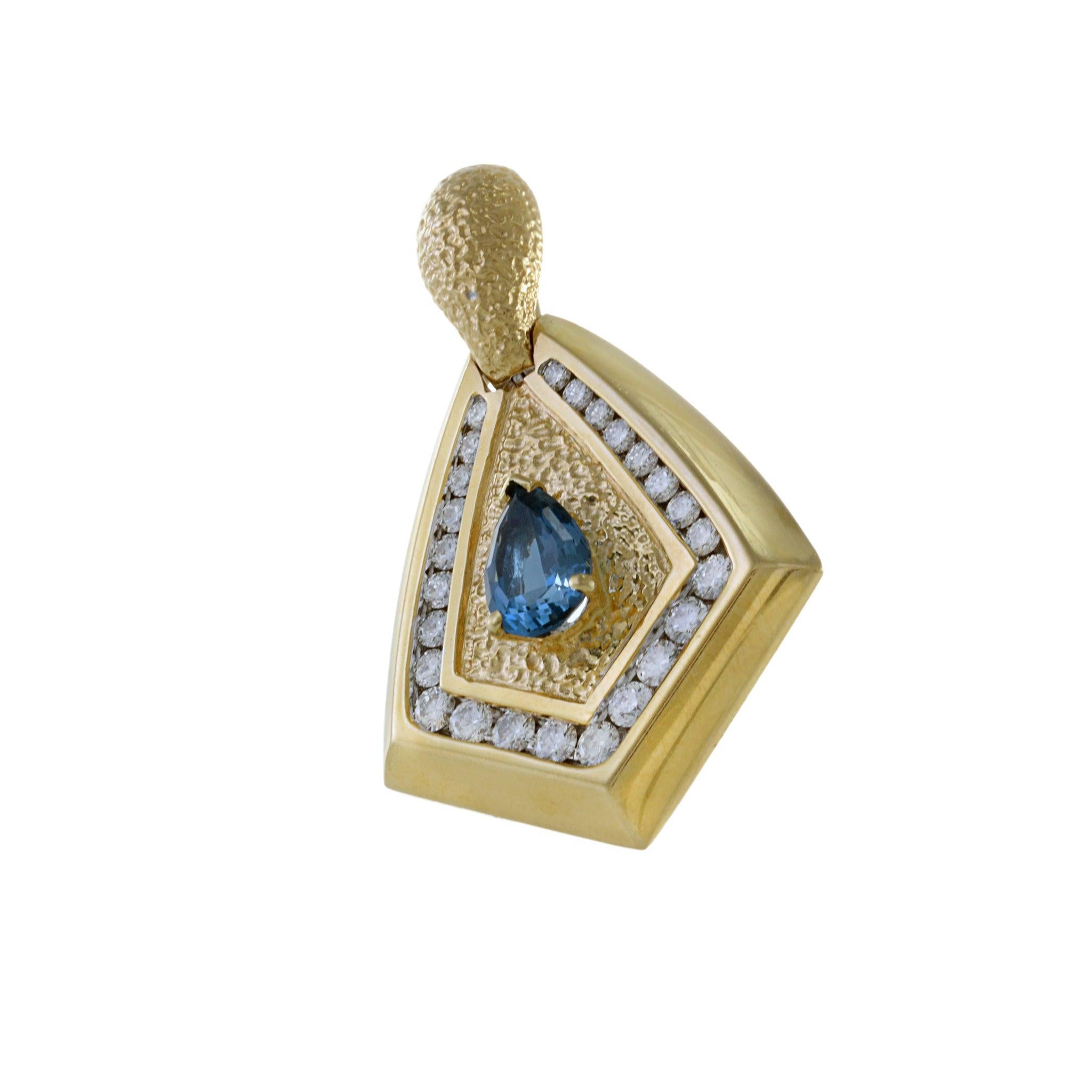 Contemporary Vintage 1970s 14KT Yellow Gold Diamond And Blue Topaz Pendant