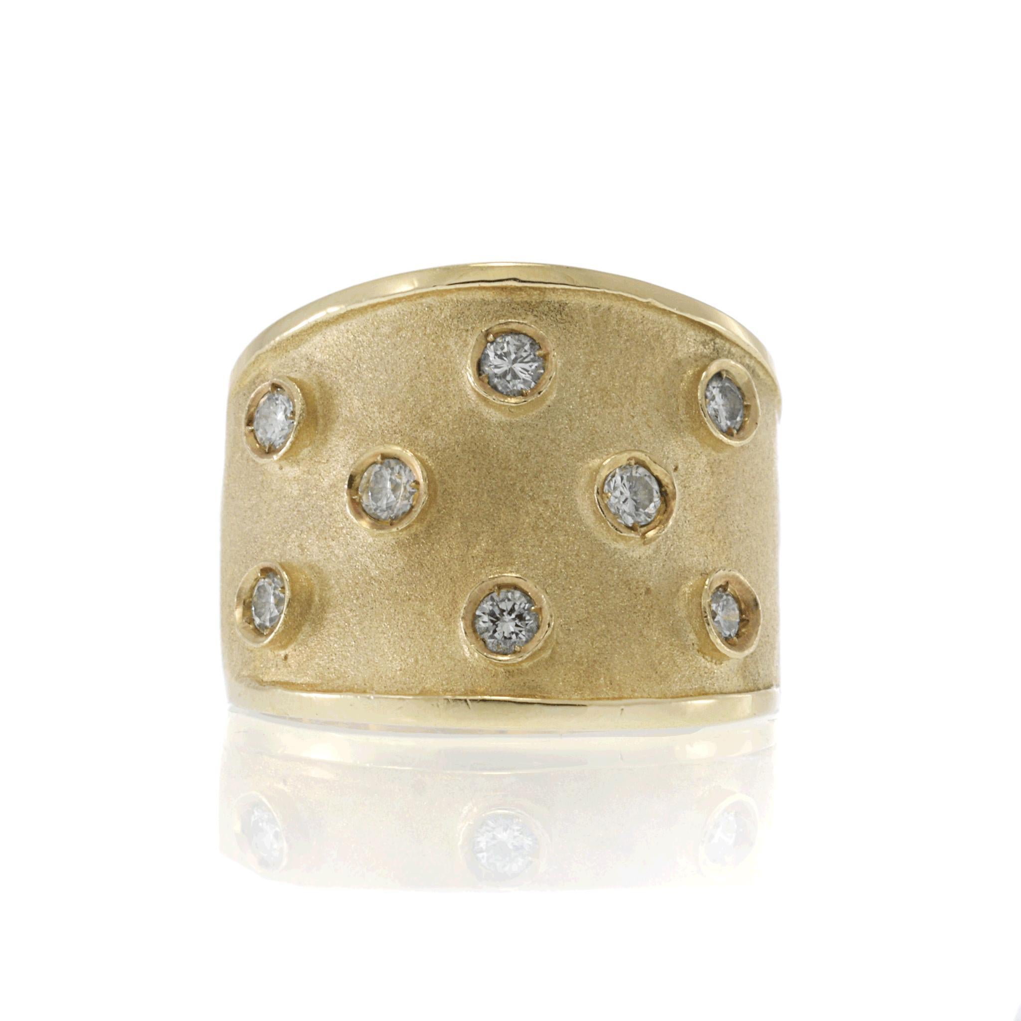 C. 1970

Questo audace anello a fascia è realizzato in oro giallo 14K. Presenta diamanti bianchi rotondi, leggermente inclusi (purezza SI1) e colore G. 

I diamanti sono incastonati in un motivo sparso sull'ampia fascia.

L'anello è grande.