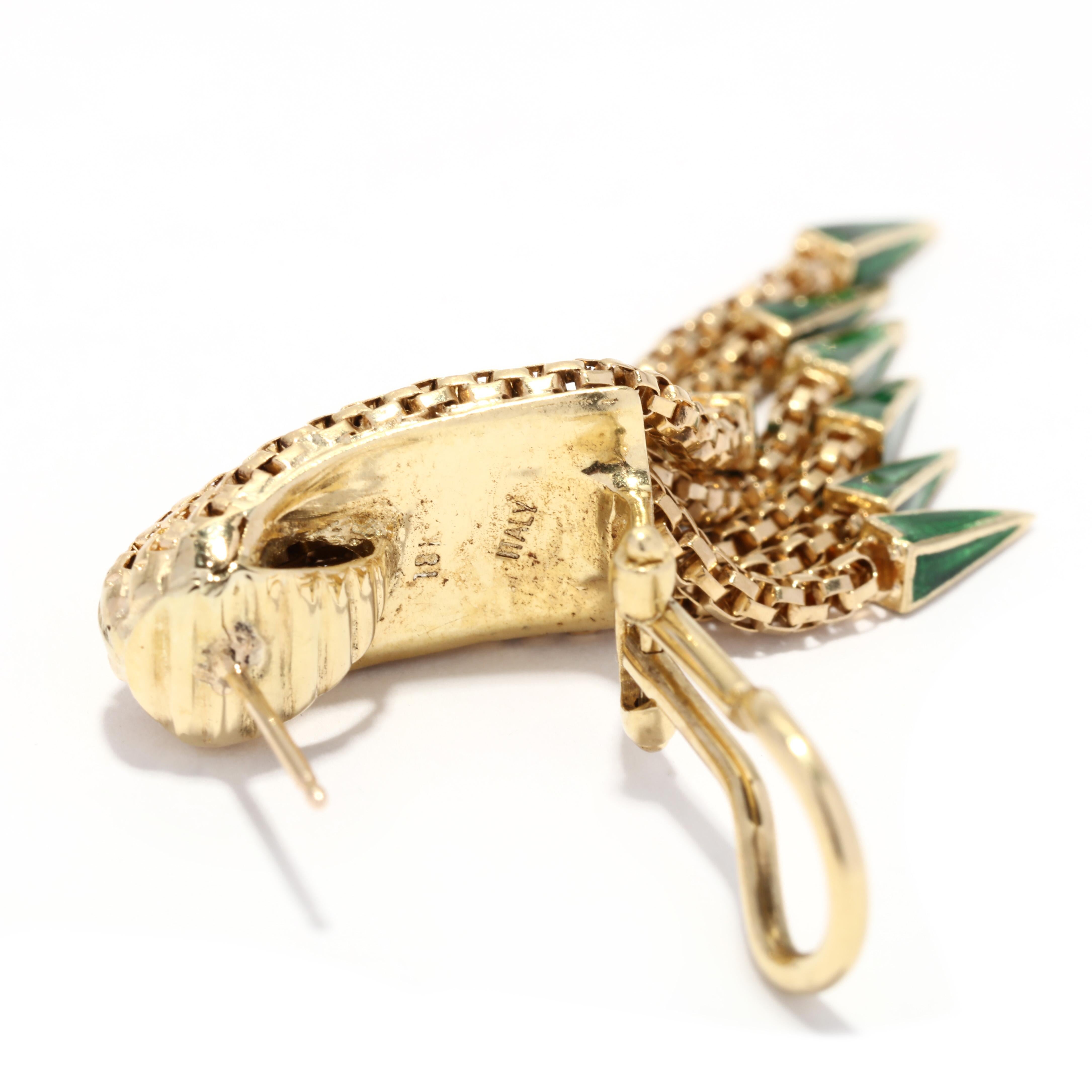 Women's or Men's  Vintage 1970s 14KT Yellow Gold Green Enamel Fringe Earrings, Chain Tassel