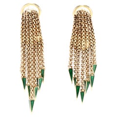  Vintage 1970s 14KT Yellow Gold Green Enamel Fringe Earrings, Chain Tassel