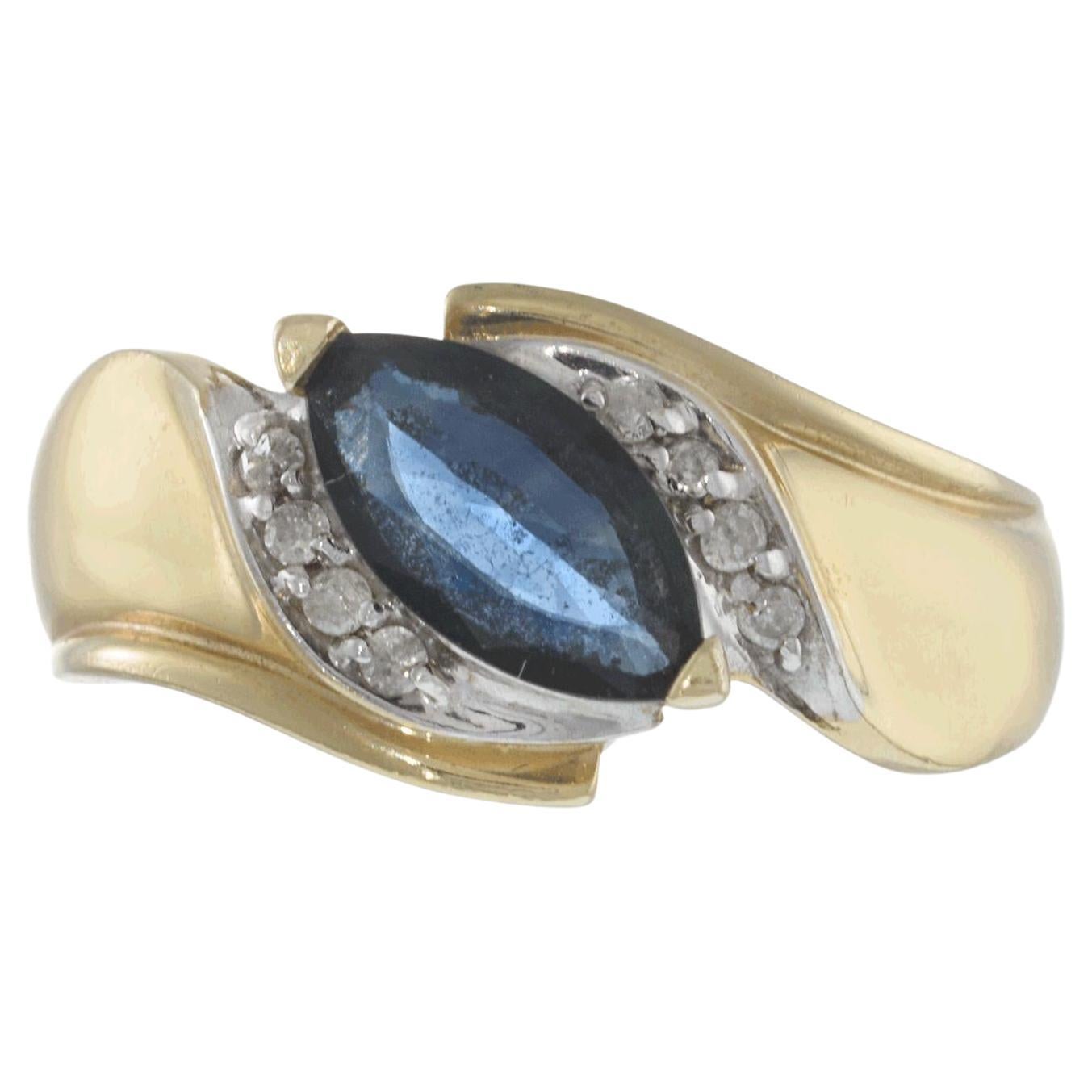 Vintage 1970s 14KT Yellow Gold Marquise Sapphire and Diamond Swirl Ring