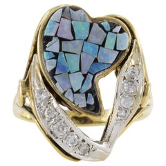Vintage 1970s 14KT Yellow Gold Mosaic Opal And Diamond Heart Ring