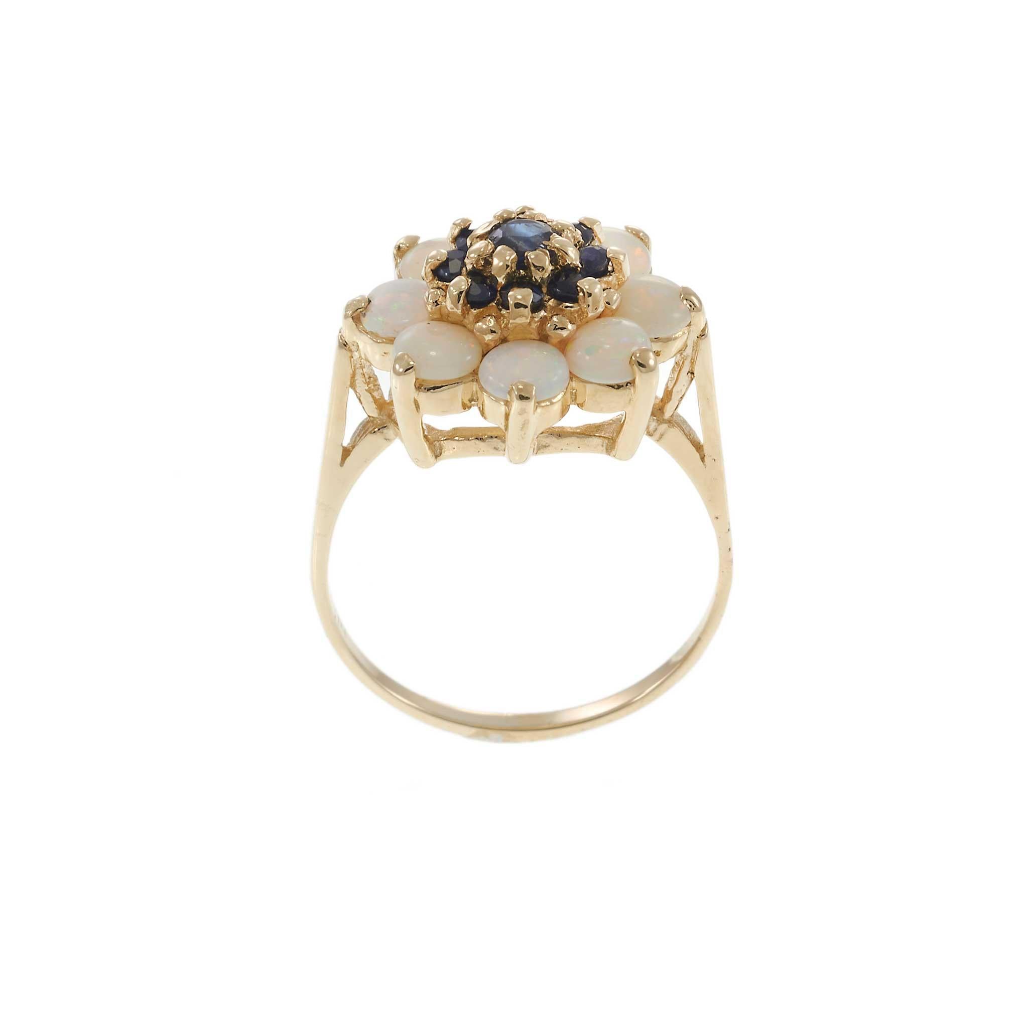 Donna Anello a grappolo in oro giallo 14KT vintage 1970 con opale e zaffiro blu in vendita