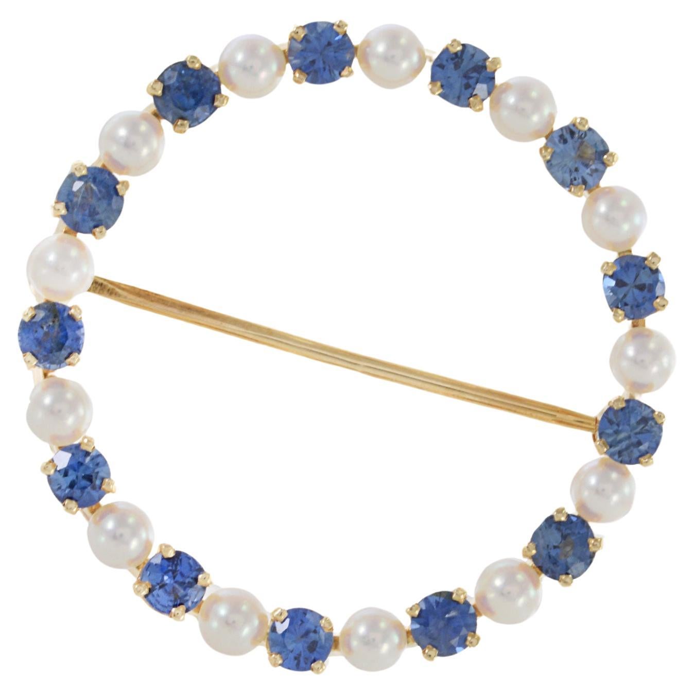 Vintage 1970's 14KT Yellow Gold Pearl and Sapphire Circle Brooch