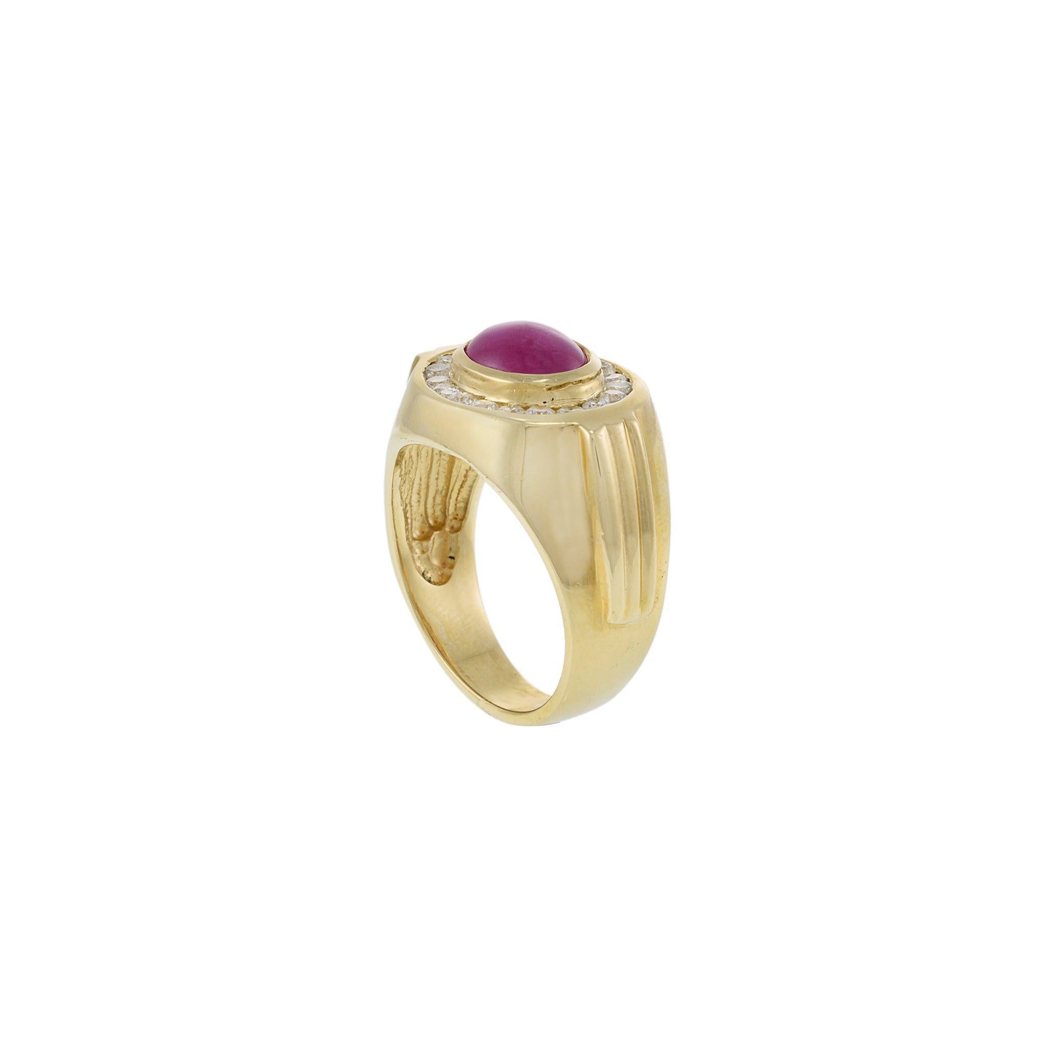 Men's Vintage 1970s 14KT Yellow Gold Ruby and Diamond Cabochon Ring For Sale