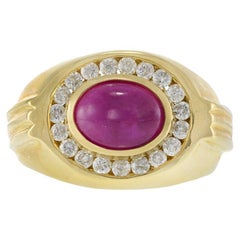 Vintage 1970s 14KT Yellow Gold Ruby and Diamond Cabochon Ring