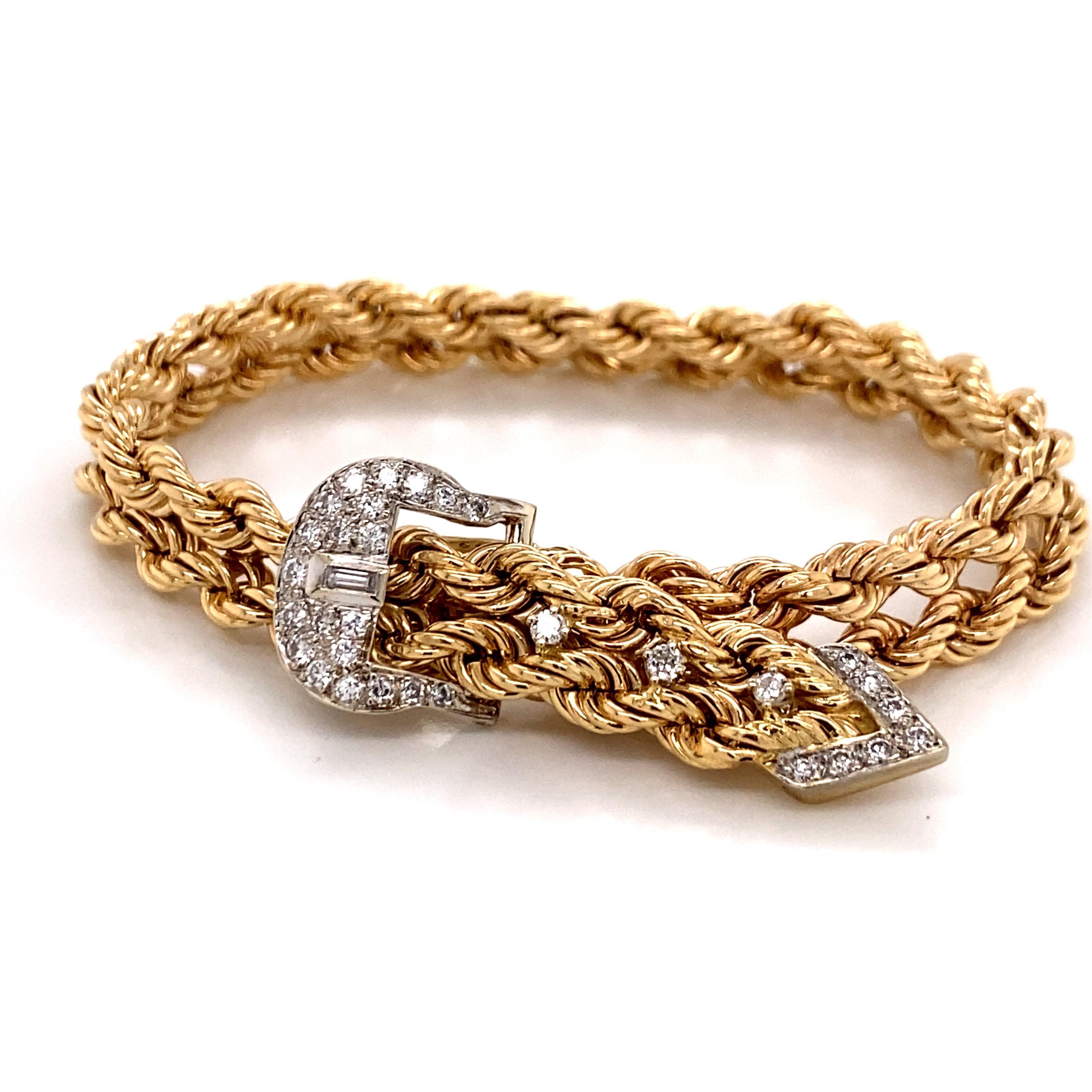 Vintage 1970's 14KY Gold Rope Bracelet with Adjustable Diamond Buckle Clasp - The double 1/4 inch wide rope bracelet can be worn at it's longest length of 7 1/4 inches. The diamond clasp and the end of bracelet has .57cts of round diamonds and one