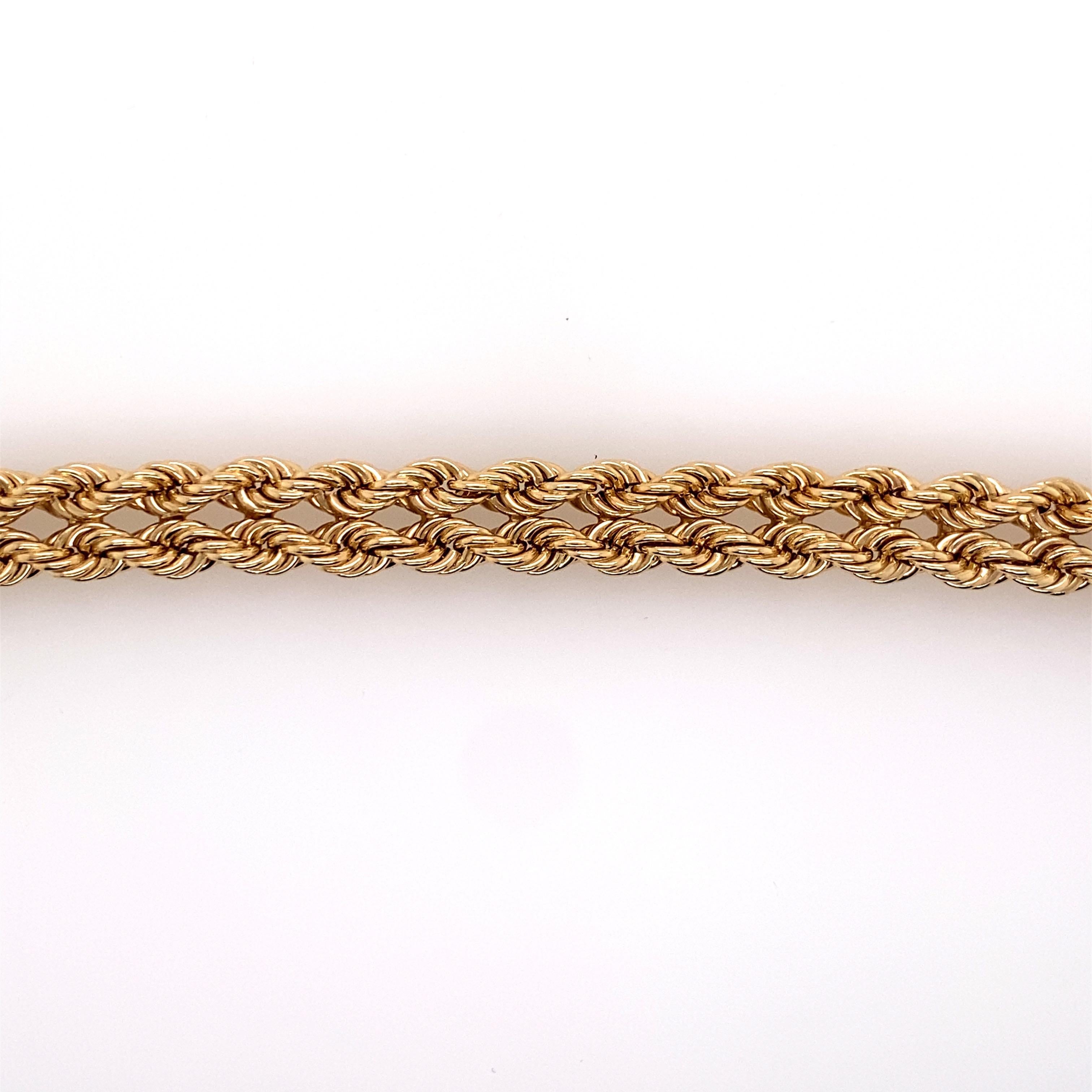 Round Cut Vintage 1970s 14KY Gold Rope Bracelet with Adjustable Diamond Buckle Clasp