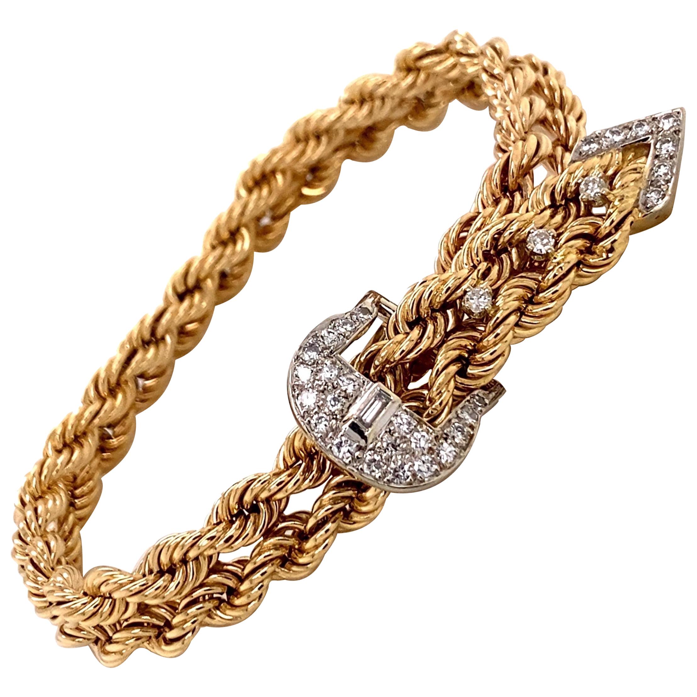 Vintage 1970s 14KY Gold Rope Bracelet with Adjustable Diamond Buckle Clasp