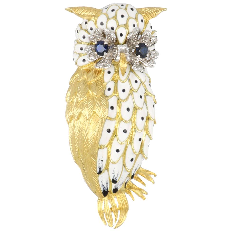 1970s 18K Gold White Enamel Owl Brooch with Diamonds and Sapphires