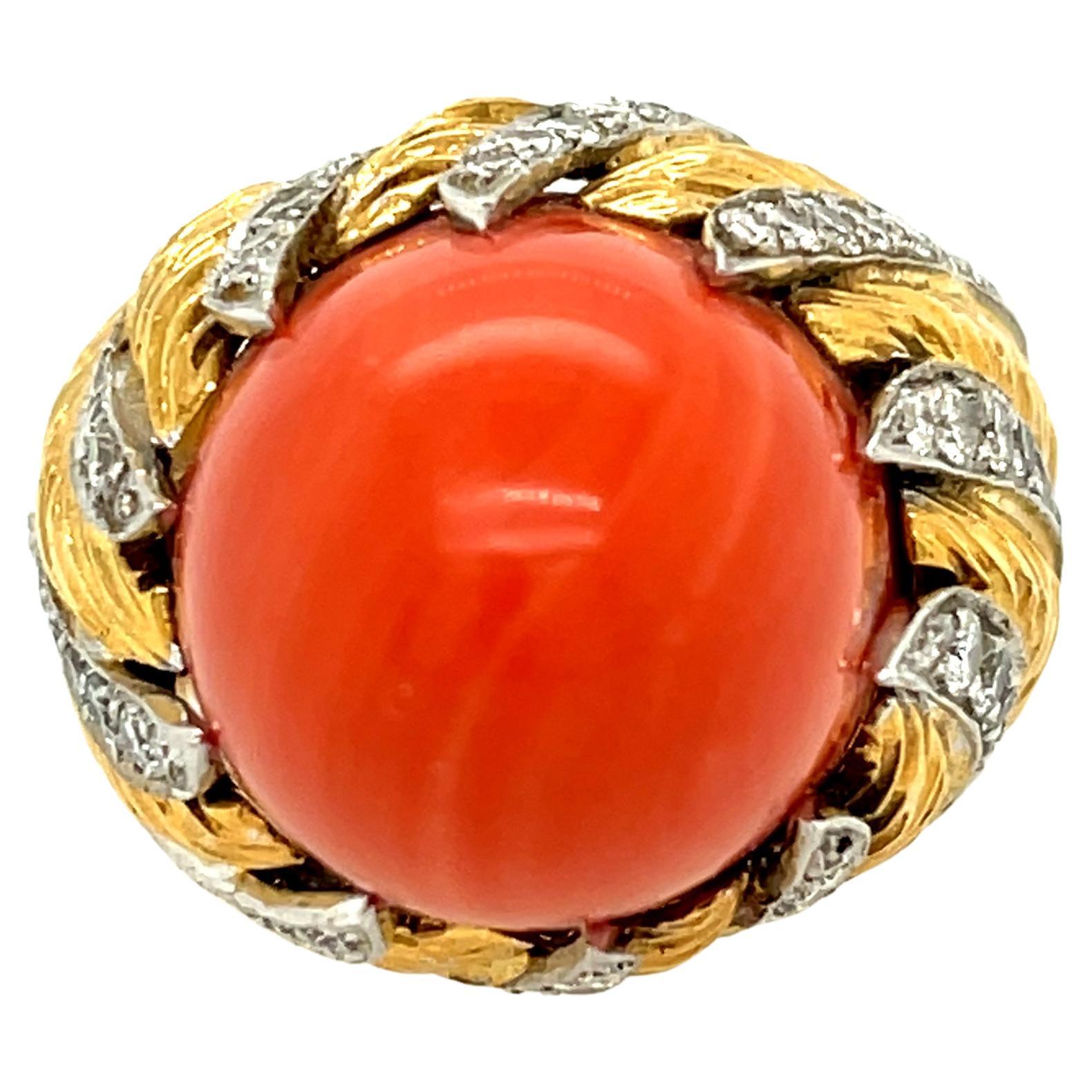 Vintage 1970s 18 Karat Red Coral Diamond Bombe Ring by Kutchinsky