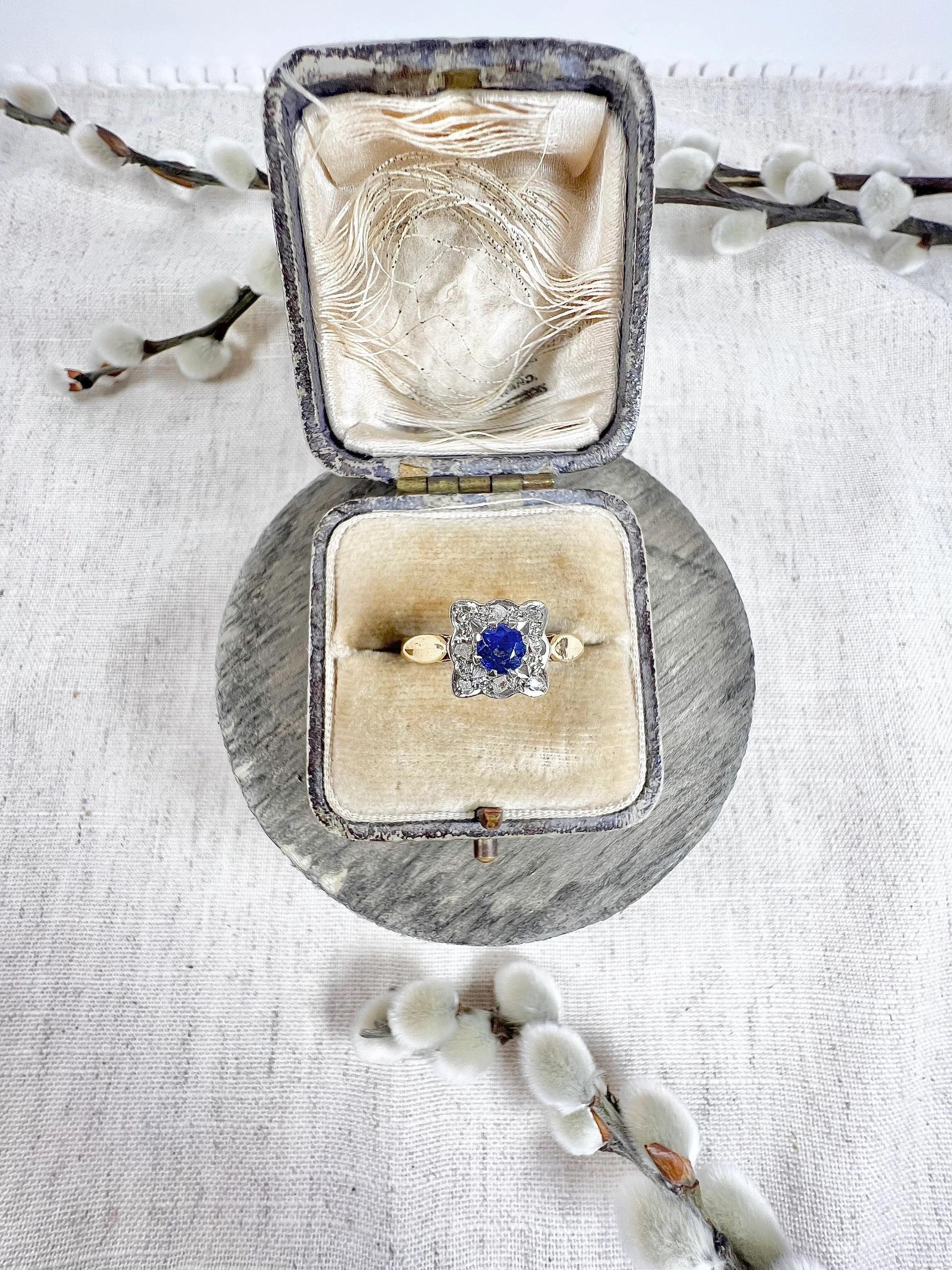 Vintage 1970’s 18ct Gold Sapphire & Diamond Square Cluster Ring For Sale 2