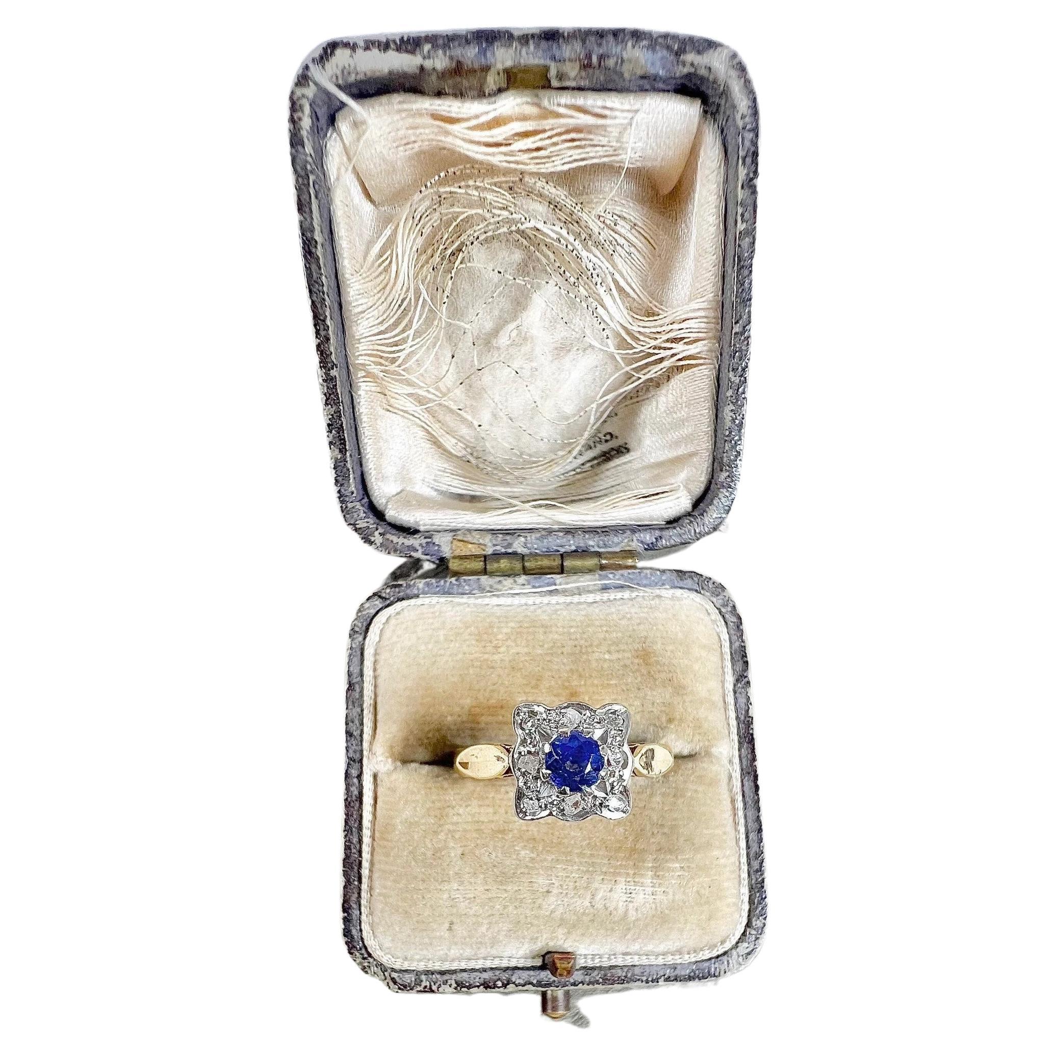 Vintage 1970’s 18ct Gold Sapphire & Diamond Square Cluster Ring For Sale