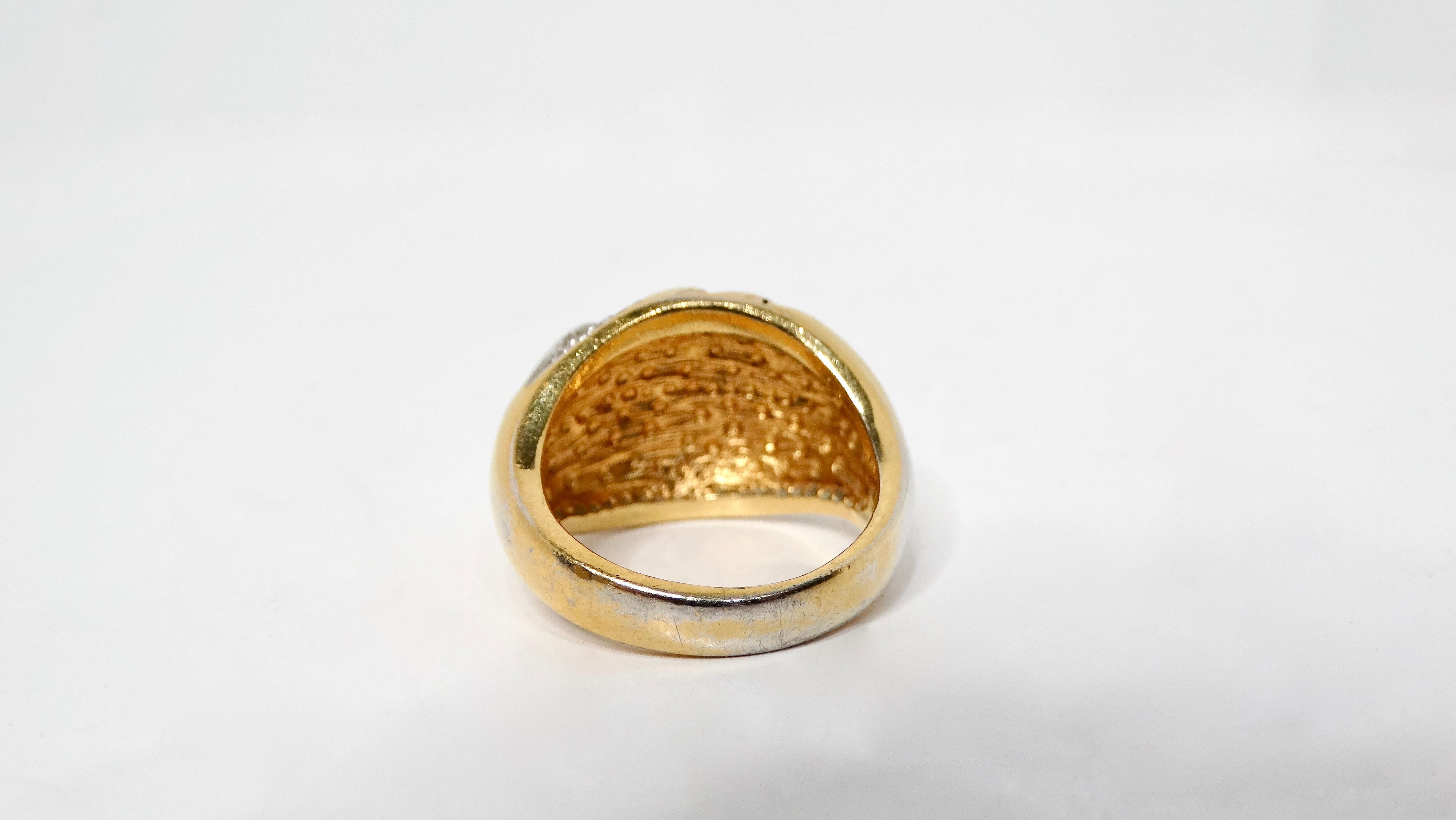 Women's Vintage 1970s 18k Gold Plated & Crystal Striped Dome Ring For Sale