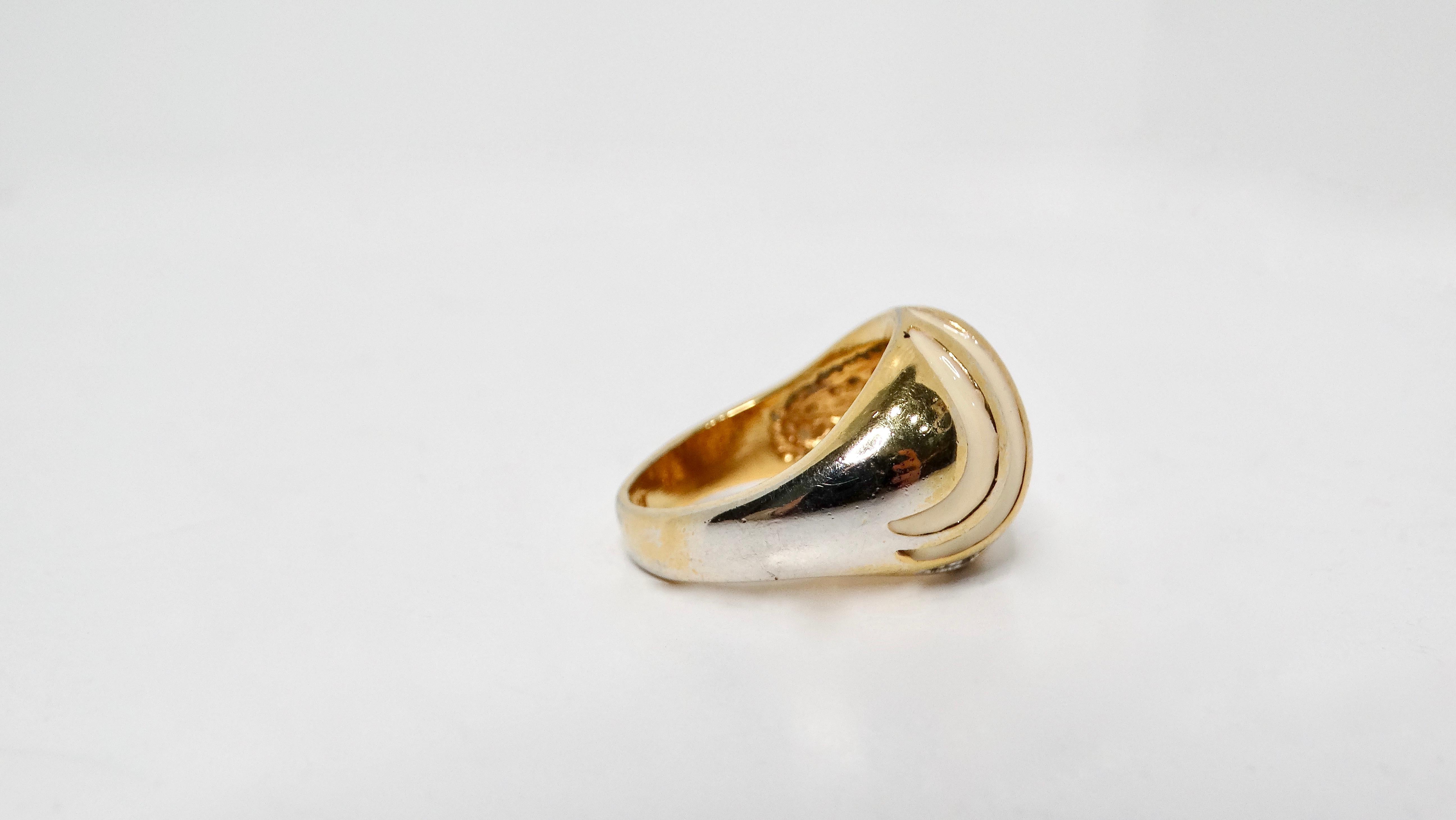 Vintage 1970s 18k Gold Plated & Crystal Striped Dome Ring For Sale 1
