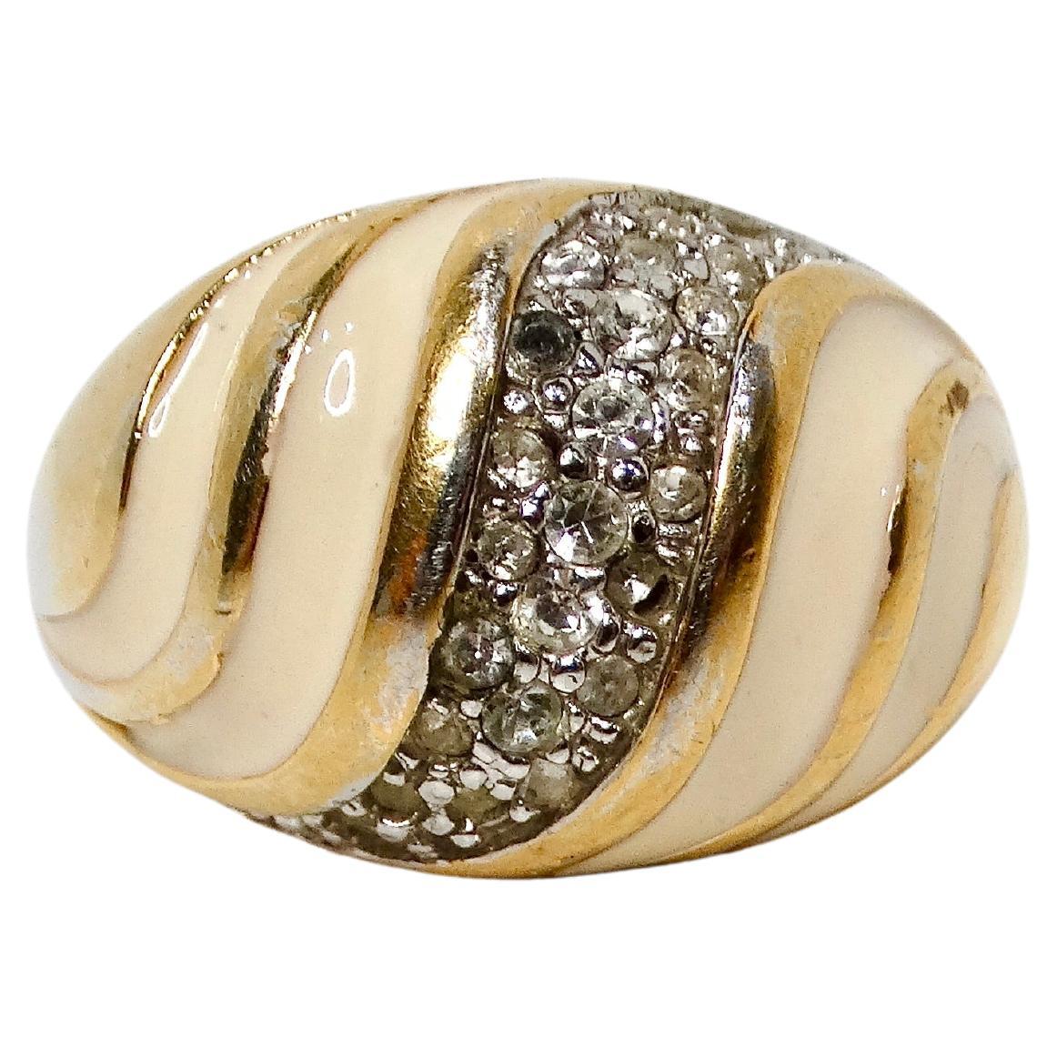 Vintage 1970s 18k Gold Plated & Crystal Striped Dome Ring (bague dôme rayée en or 18k et cristal)
