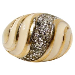 Anello a cupola vintage anni '70 placcato oro 18k e con cristalli a strisce